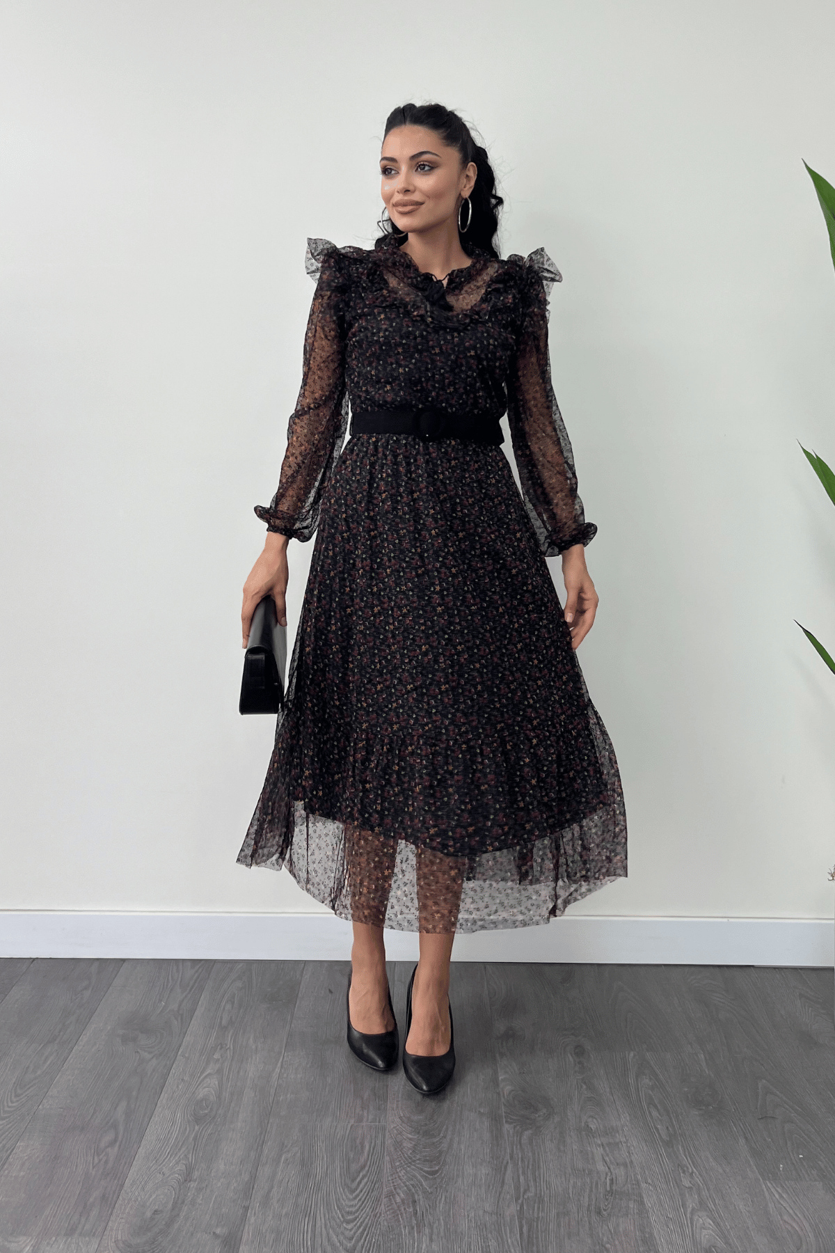 Tül Kumaş Flog Baskı Çiçekli Midi Elbise - SİYAH