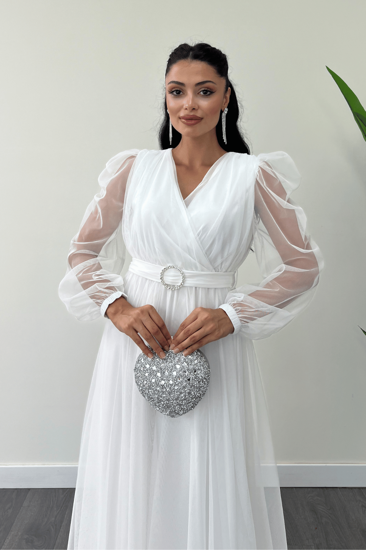 Tül Kumaş Kruvaze Yaka Maxi Elbise - BEYAZ