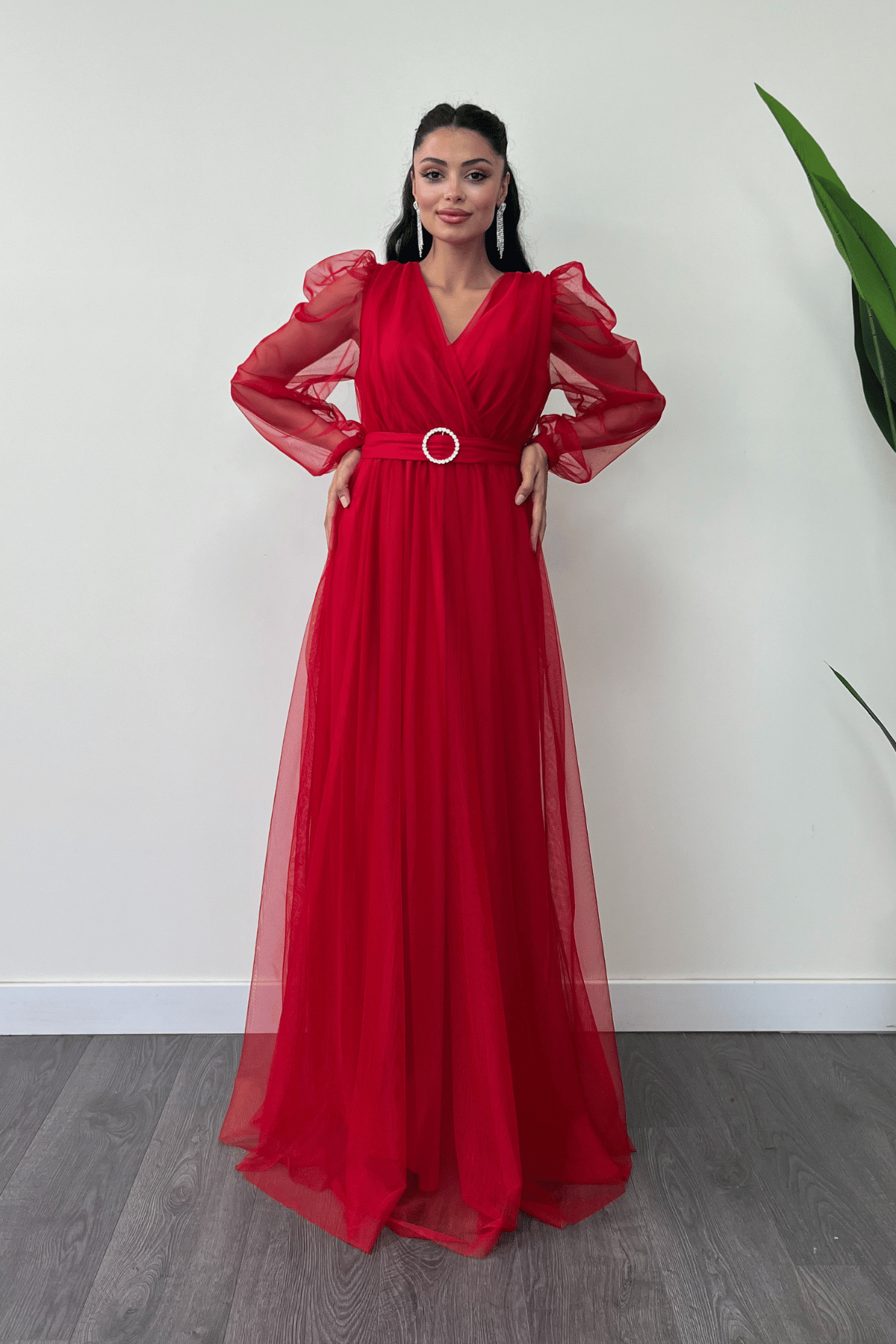 Tül Kumaş Kruvaze Yaka Maxi Elbise - KIRMIZI