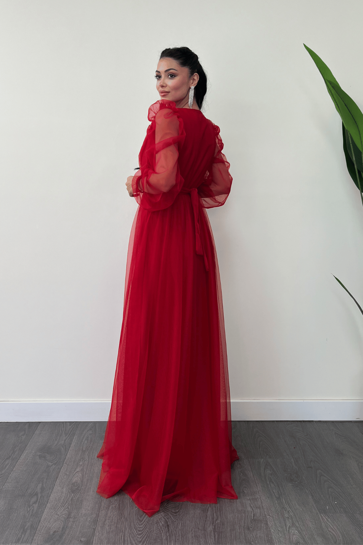 Tül Kumaş Kruvaze Yaka Maxi Elbise - KIRMIZI