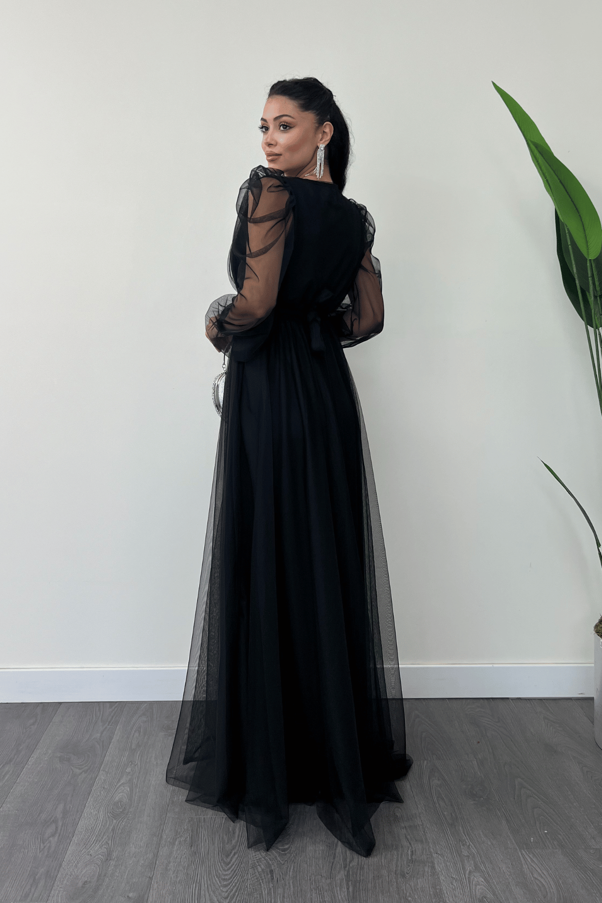 Tül Kumaş Kruvaze Yaka Maxi Elbise - SİYAH