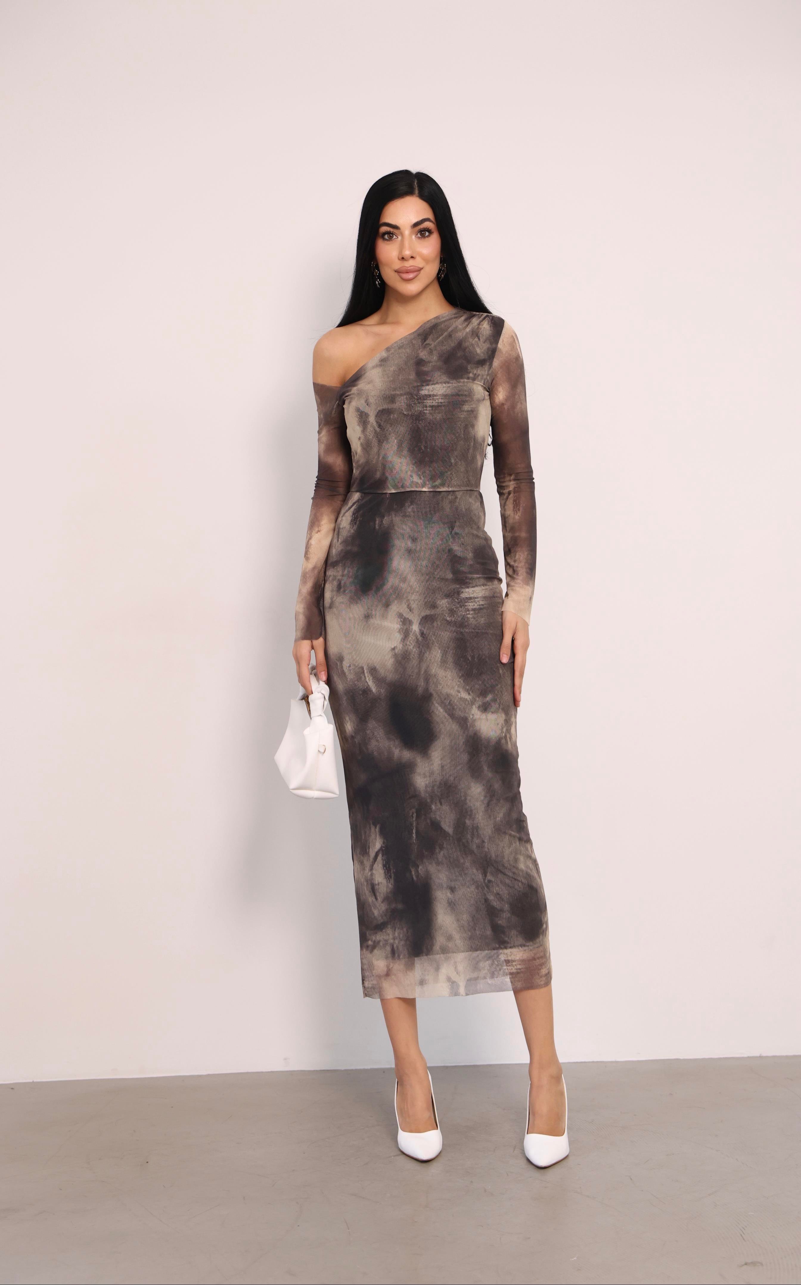 Tül Kumaş Omuz Detaylı Kalem Elbise - KREM