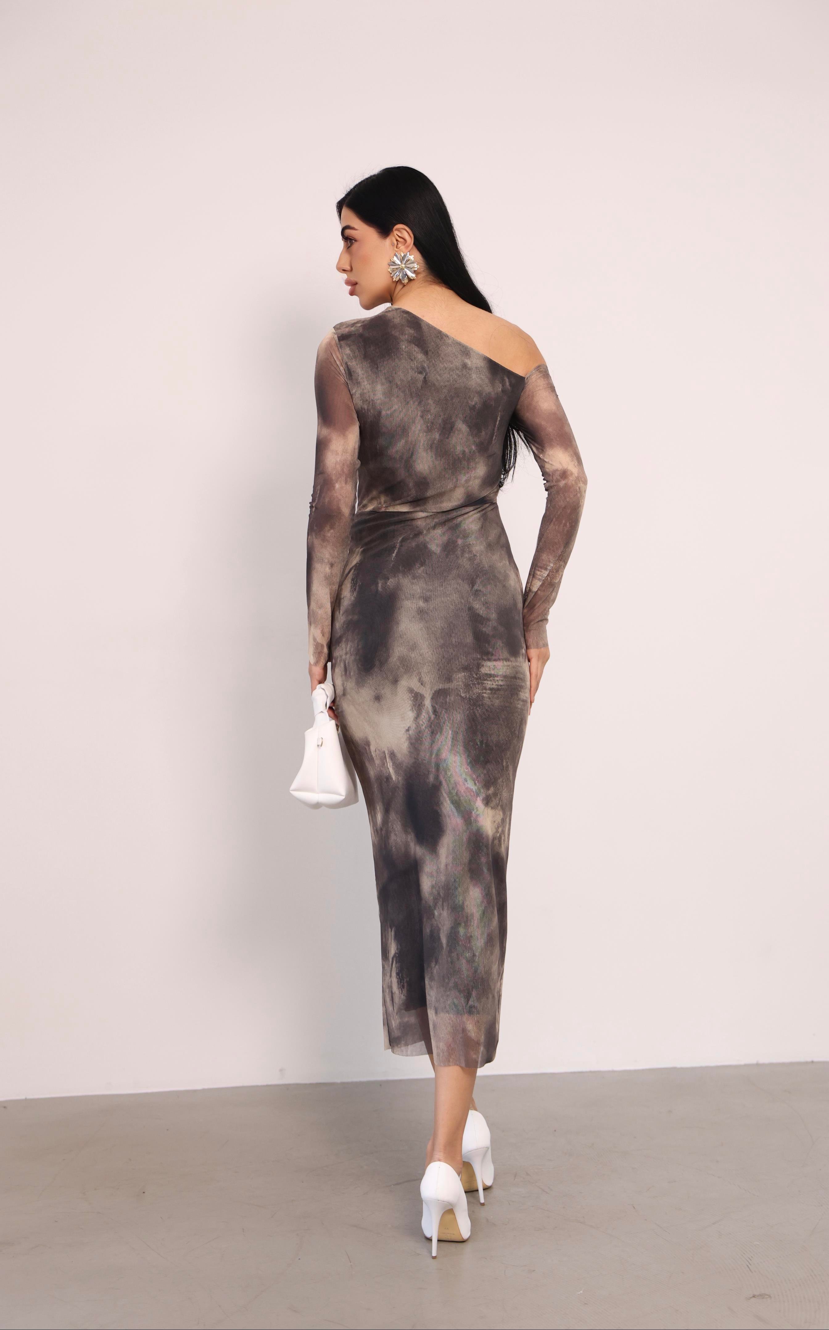 Tül Kumaş Omuz Detaylı Kalem Elbise - KREM