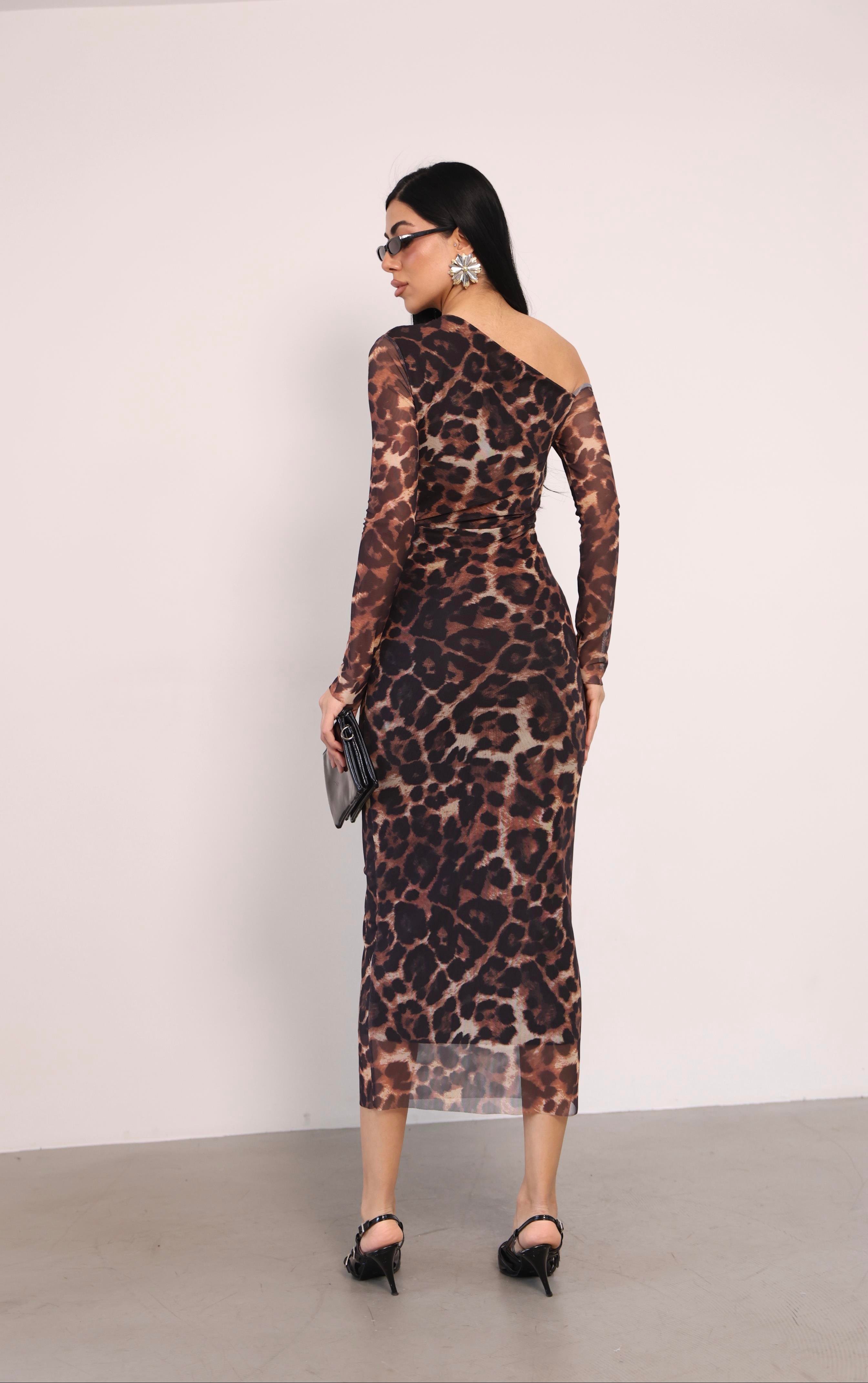 Tül Kumaş Omuz Detaylı Kalem Elbise - LEOPAR