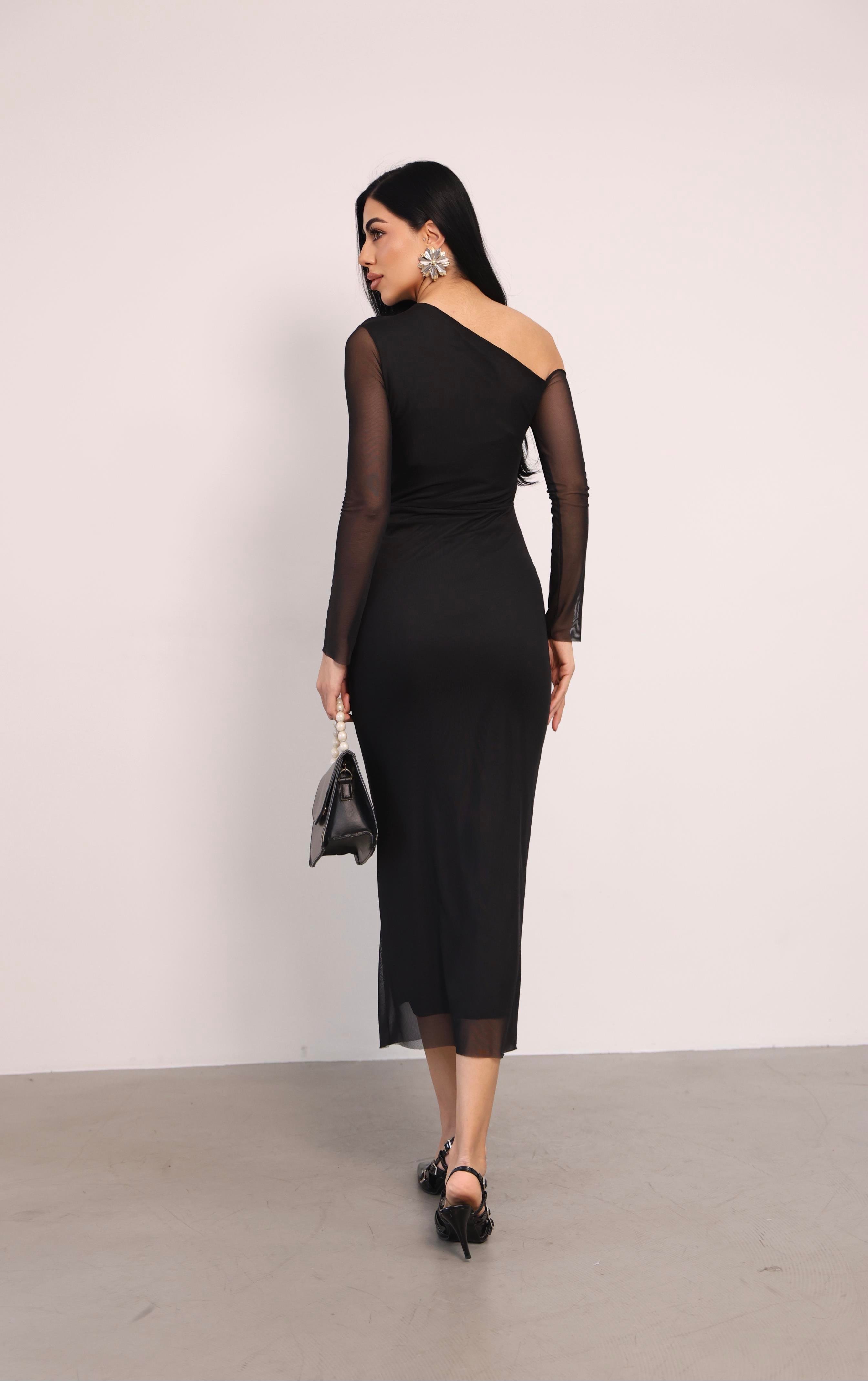 Tül Kumaş Omuz Detaylı Kalem Elbise - SİYAH