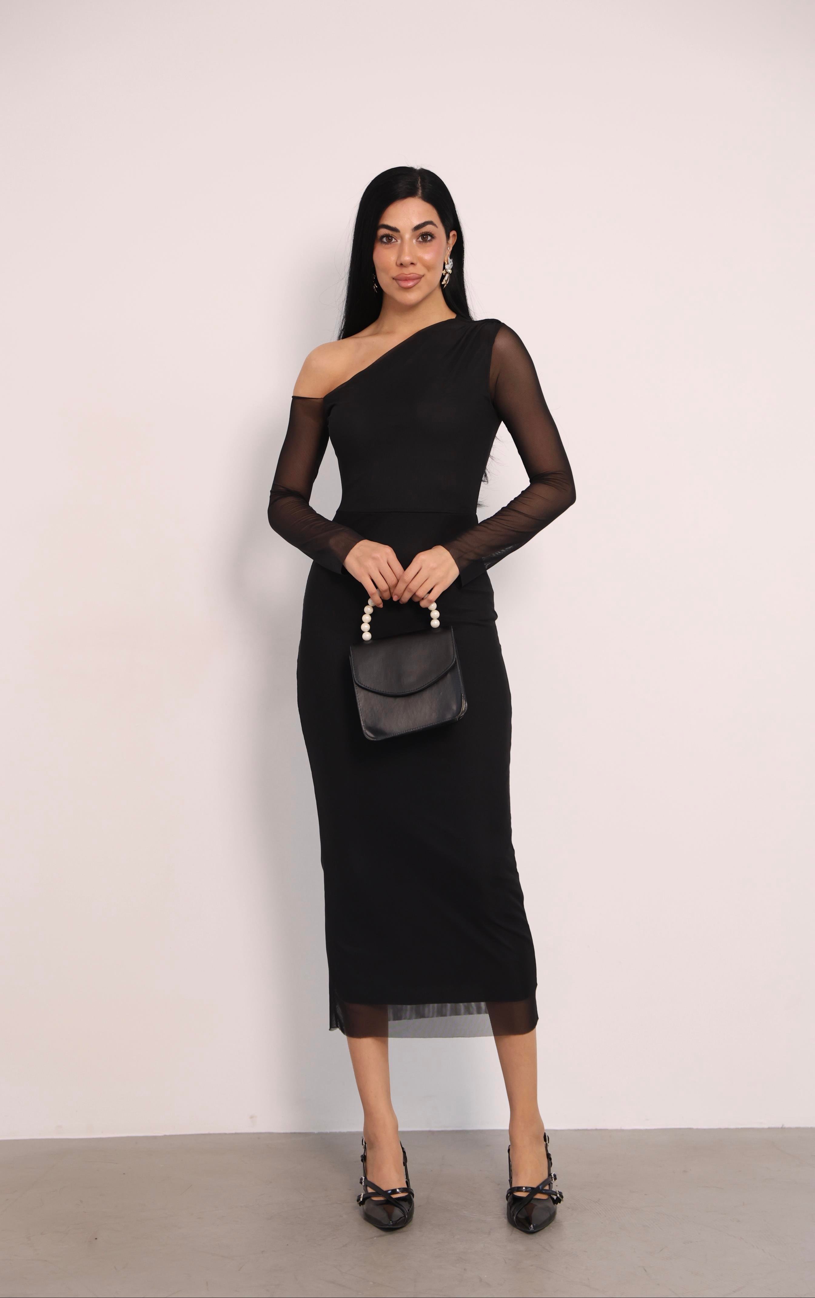 Tül Kumaş Omuz Detaylı Kalem Elbise - SİYAH