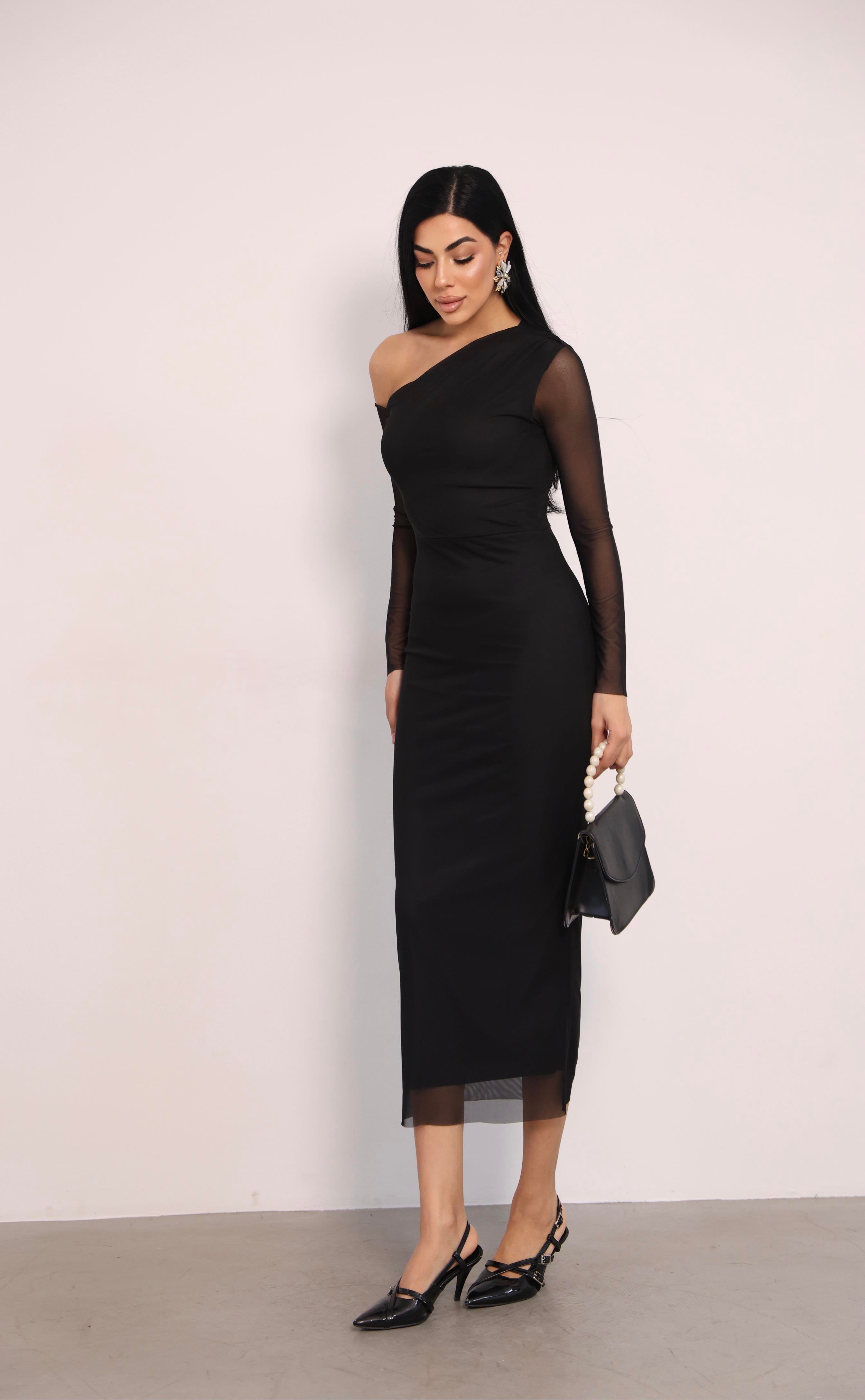 Tül Kumaş Omuz Detaylı Kalem Elbise - SİYAH