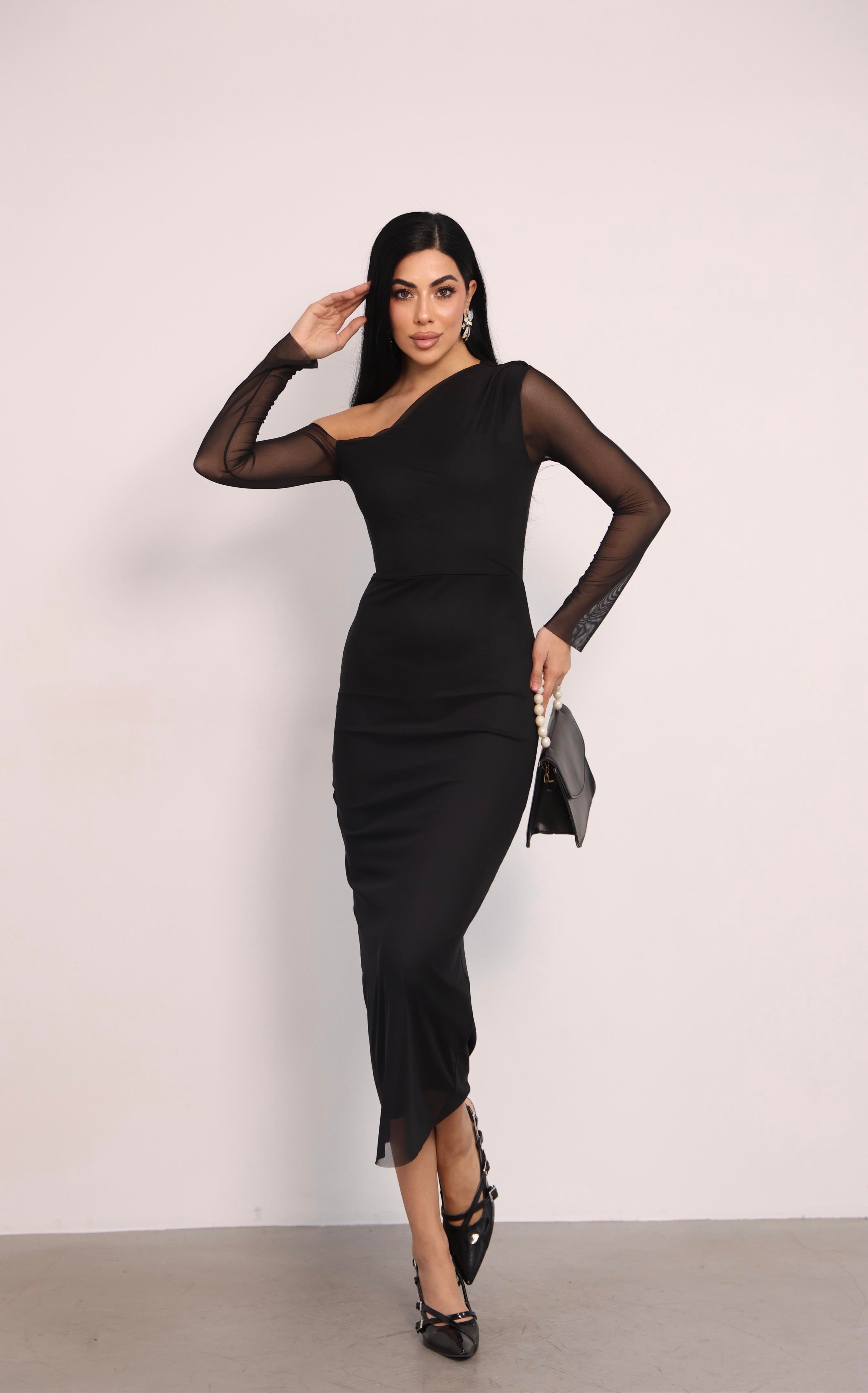 Tül Kumaş Omuz Detaylı Kalem Elbise - SİYAH