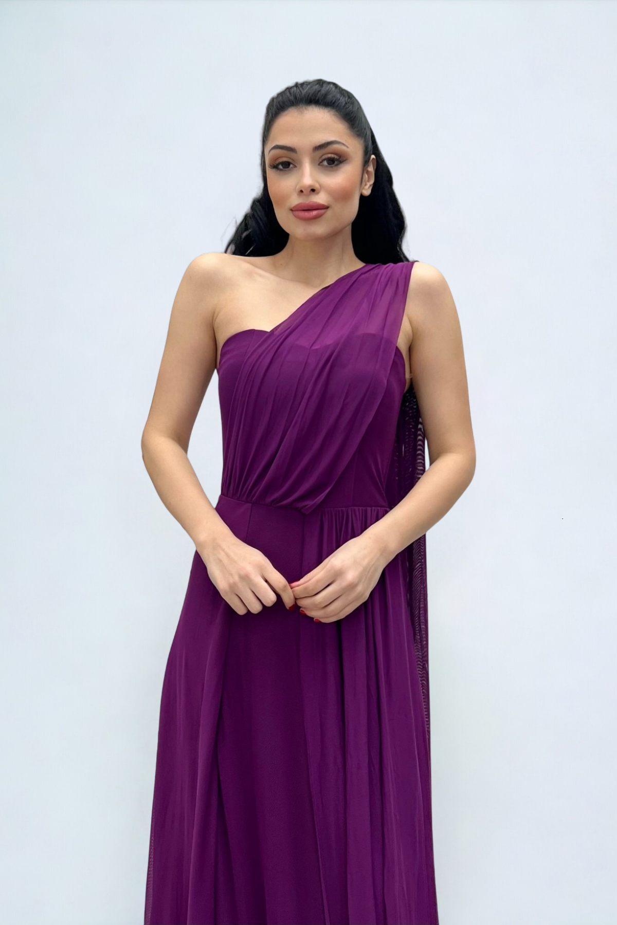 Tül Kumaş Straplez Şal Detaylı Elbise - PATLICAN MOR