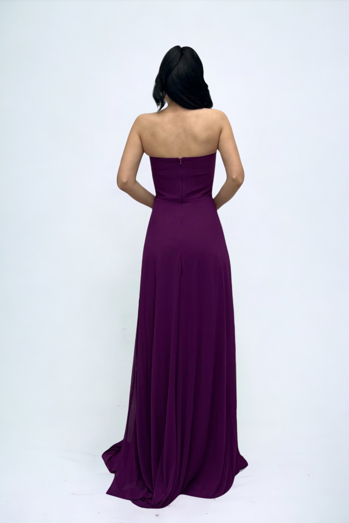 Tül Kumaş Straplez Şal Detaylı Elbise - PATLICAN MOR