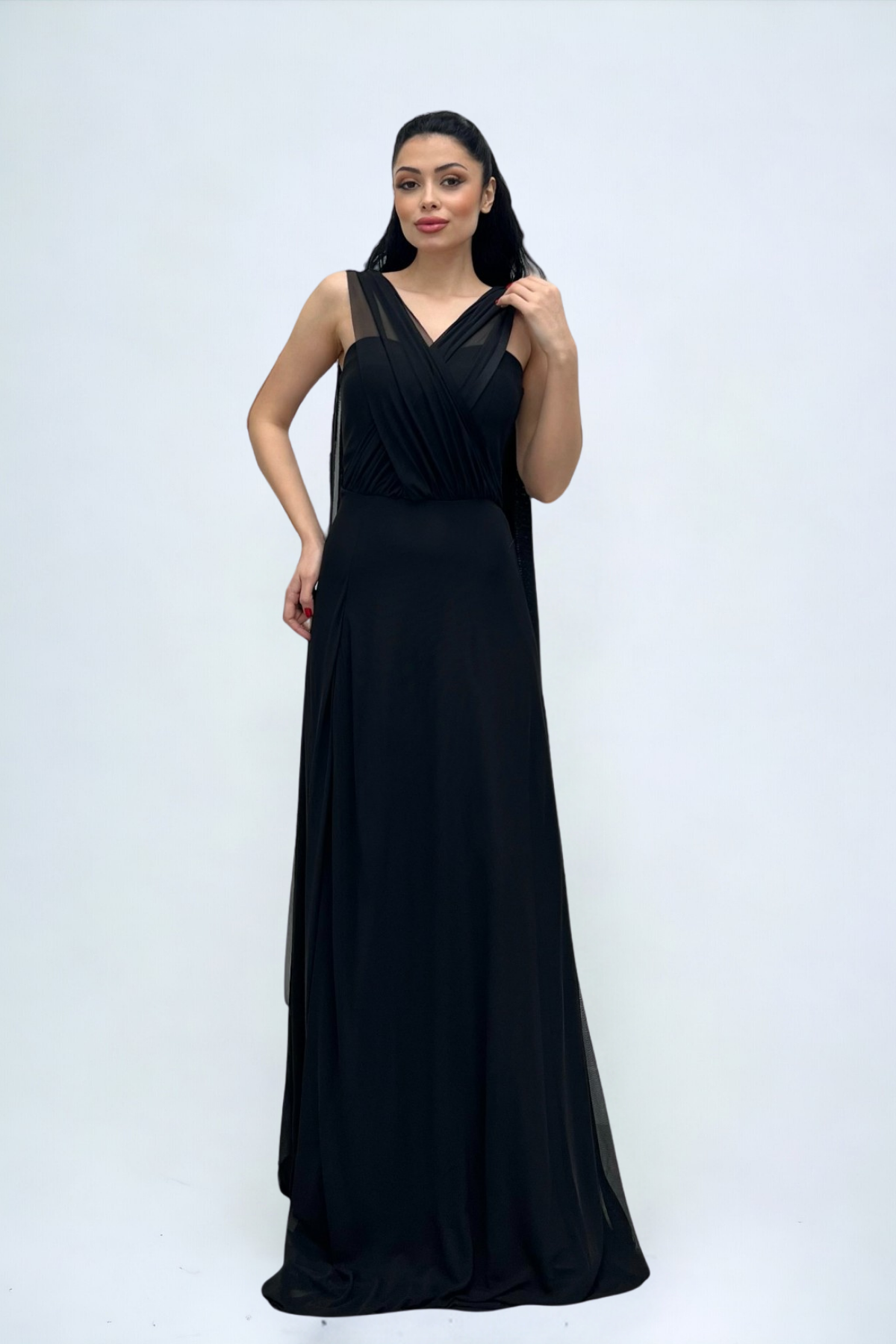 Tül Kumaş Straplez Şal Detaylı Elbise - SİYAH