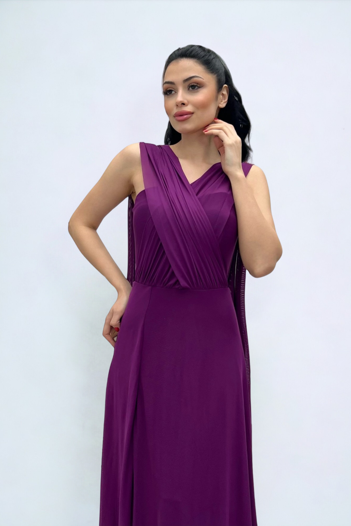 Tül Kumaş Straplez Şal Detaylı Elbise - PATLICAN MOR