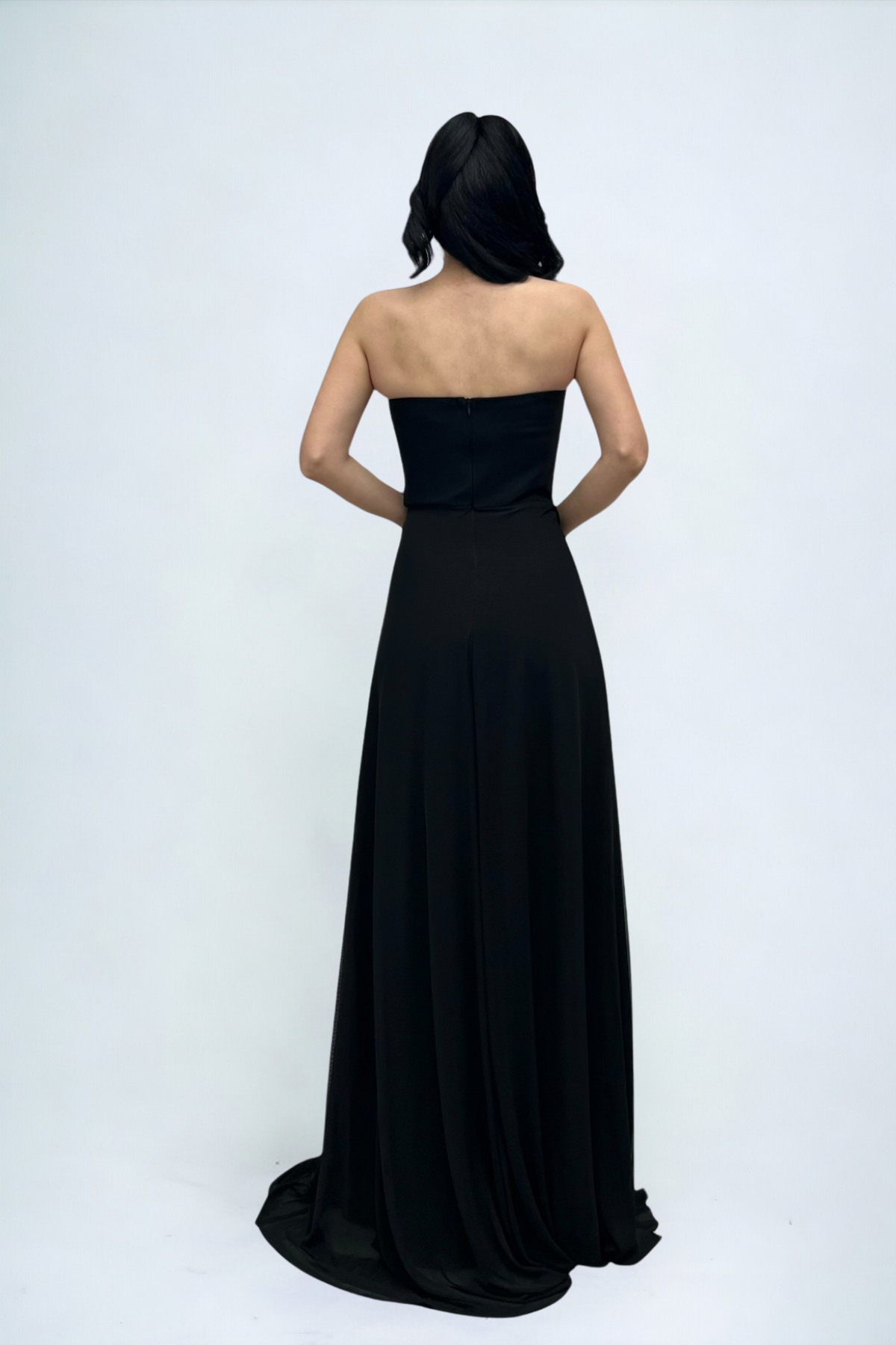 Tül Kumaş Straplez Şal Detaylı Elbise - SİYAH