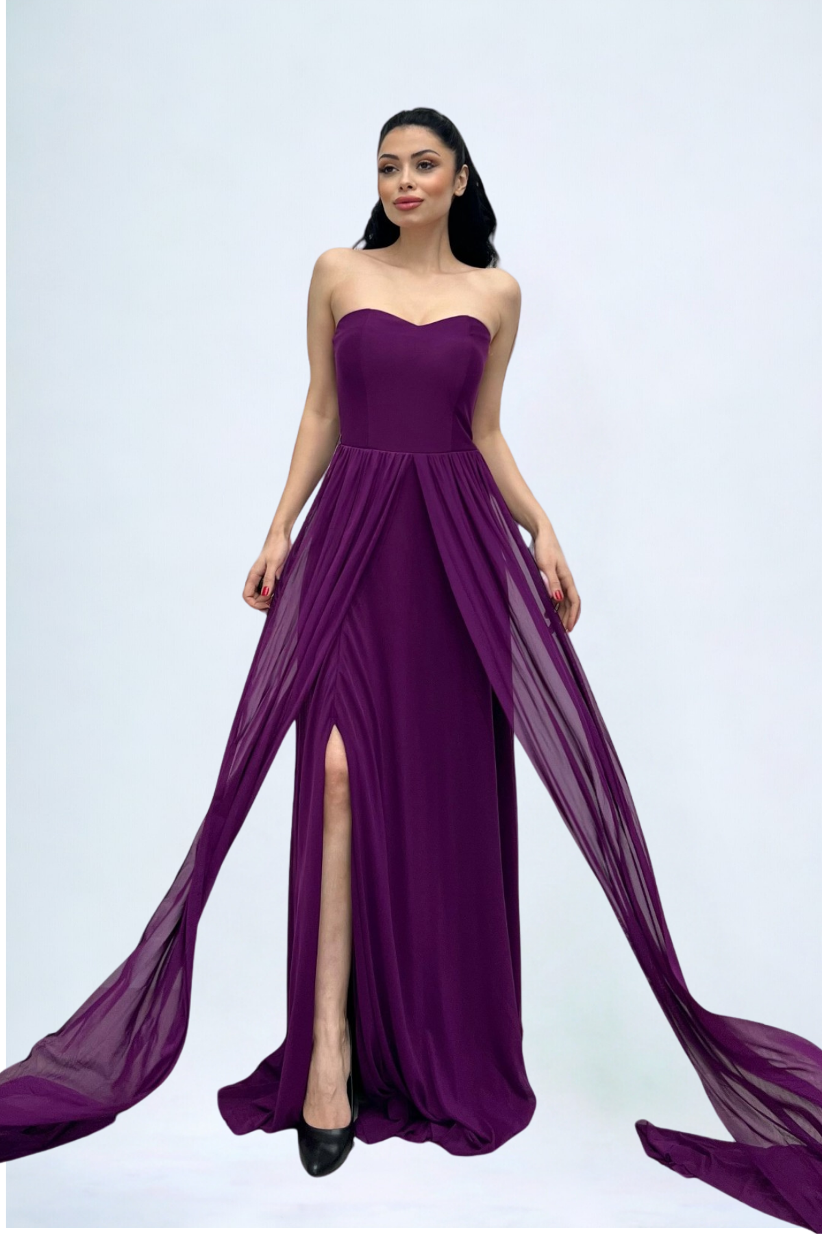 Tül Kumaş Straplez Şal Detaylı Elbise - PATLICAN MOR