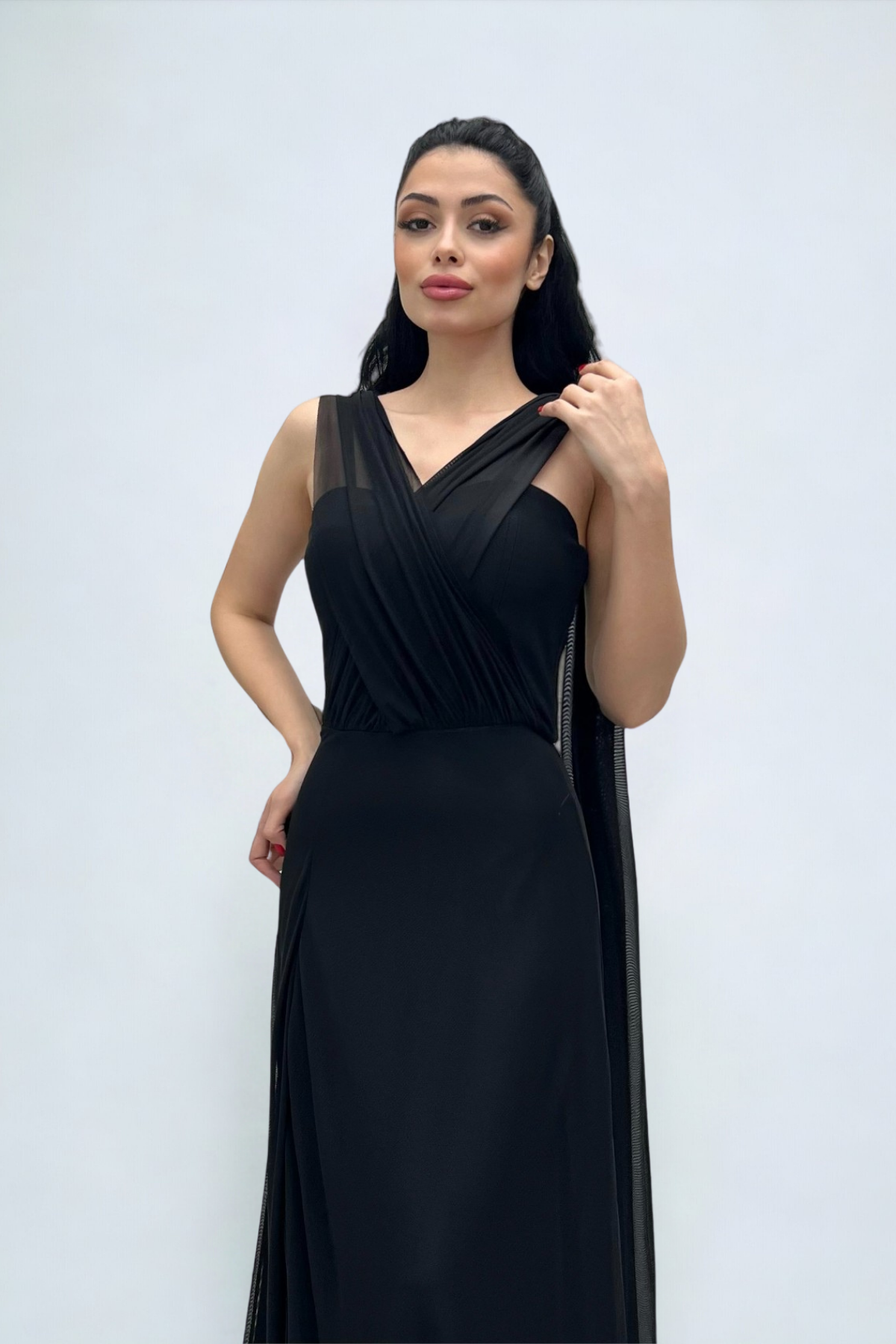 Tül Kumaş Straplez Şal Detaylı Elbise - SİYAH