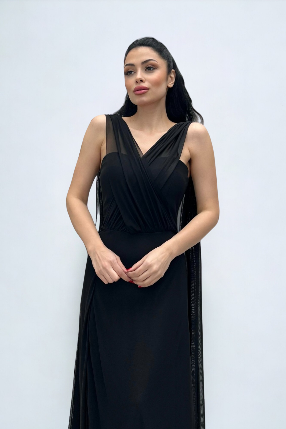 Tül Kumaş Straplez Şal Detaylı Elbise - SİYAH