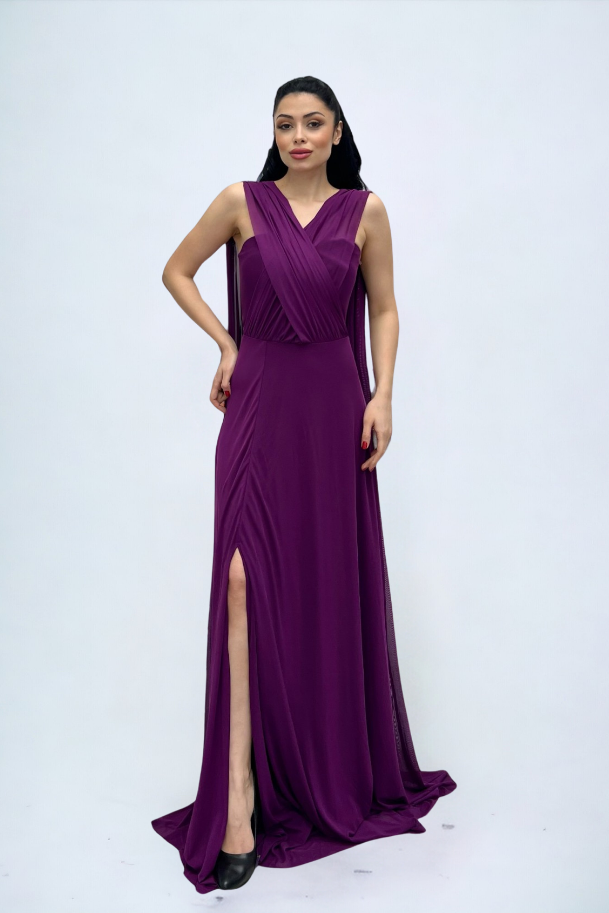 Tül Kumaş Straplez Şal Detaylı Elbise - PATLICAN MOR