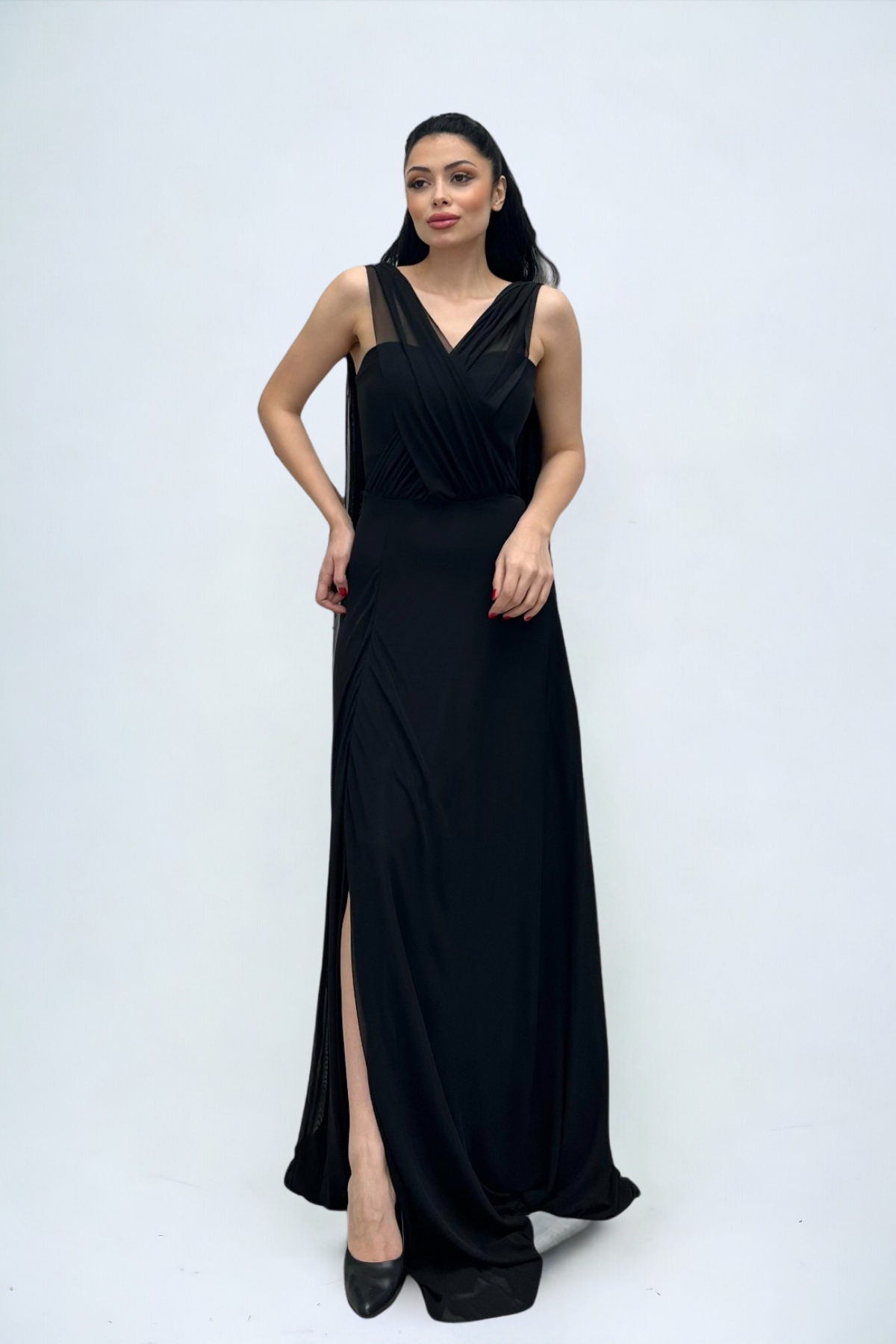 Tül Kumaş Straplez Şal Detaylı Elbise - SİYAH