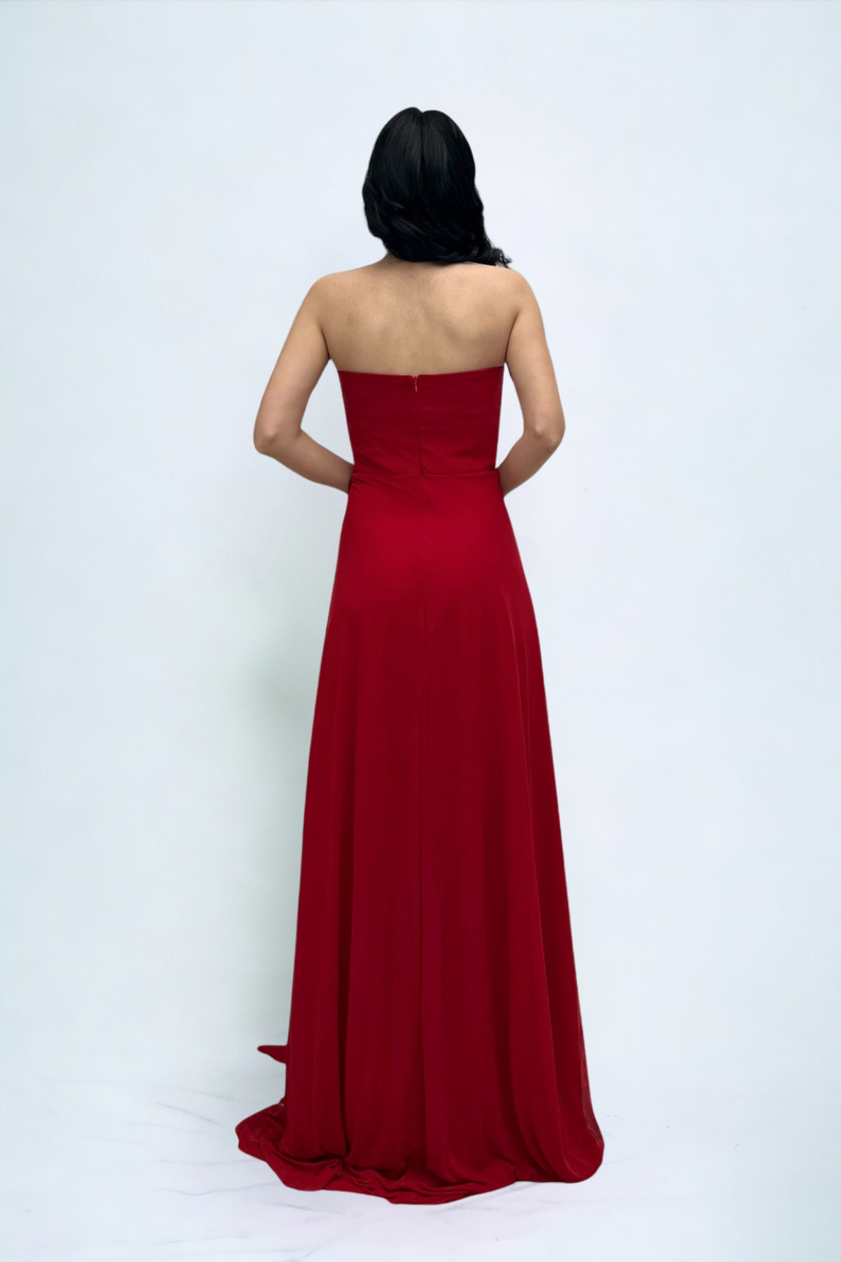 Tül Kumaş Straplez Şal Detaylı Elbise - KIRMIZI