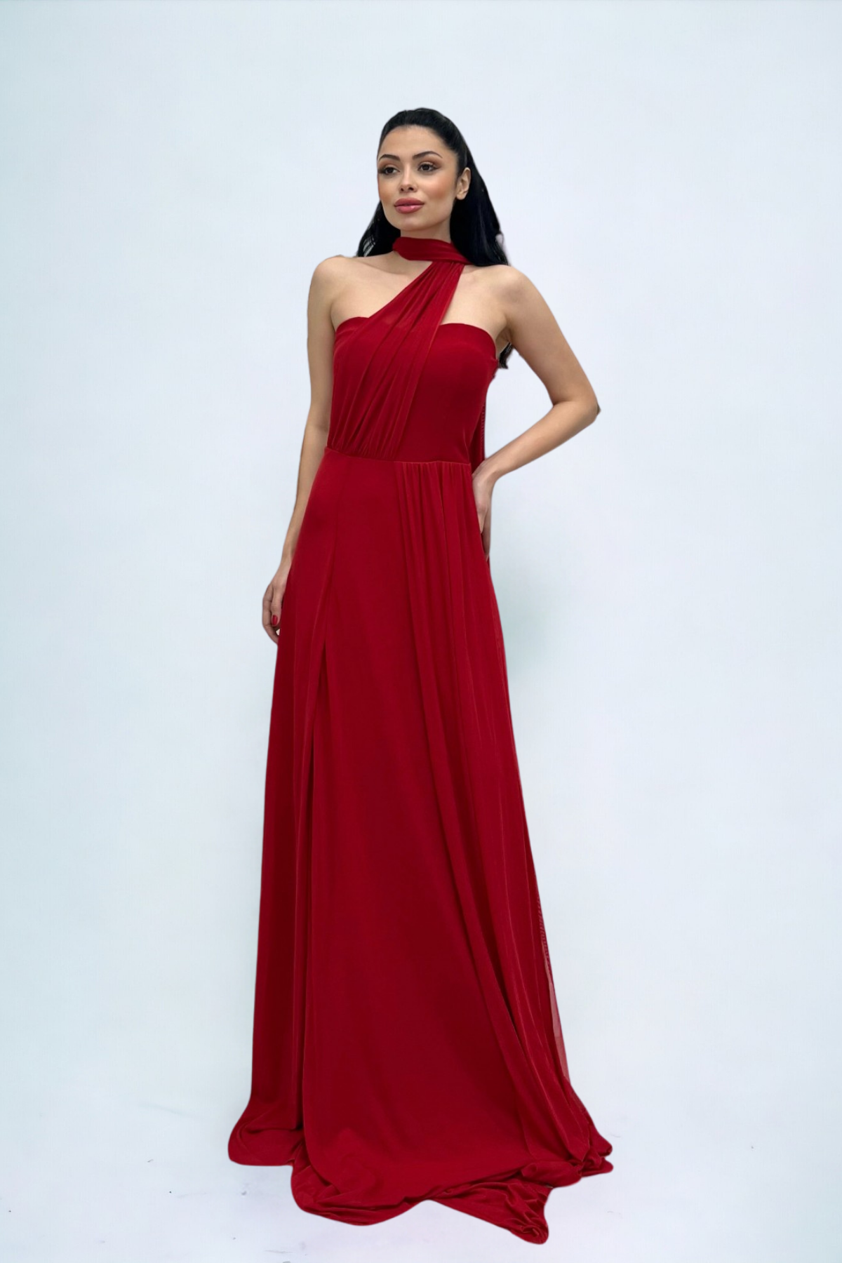 Tül Kumaş Straplez Şal Detaylı Elbise - KIRMIZI