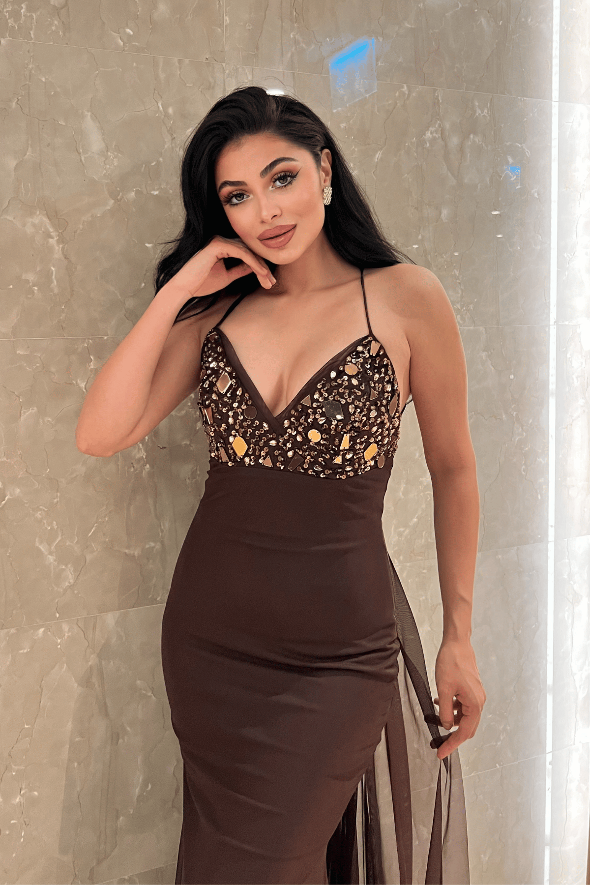 Tül Kumaş Taş Detaylı Sırtı İpli Abiye Elbise - KAHVERENGİ