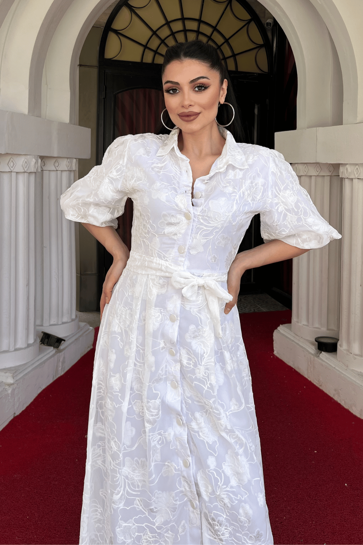 Tül Kumaş Üç Boyut Dikişli Midi Elbise - BEYAZ