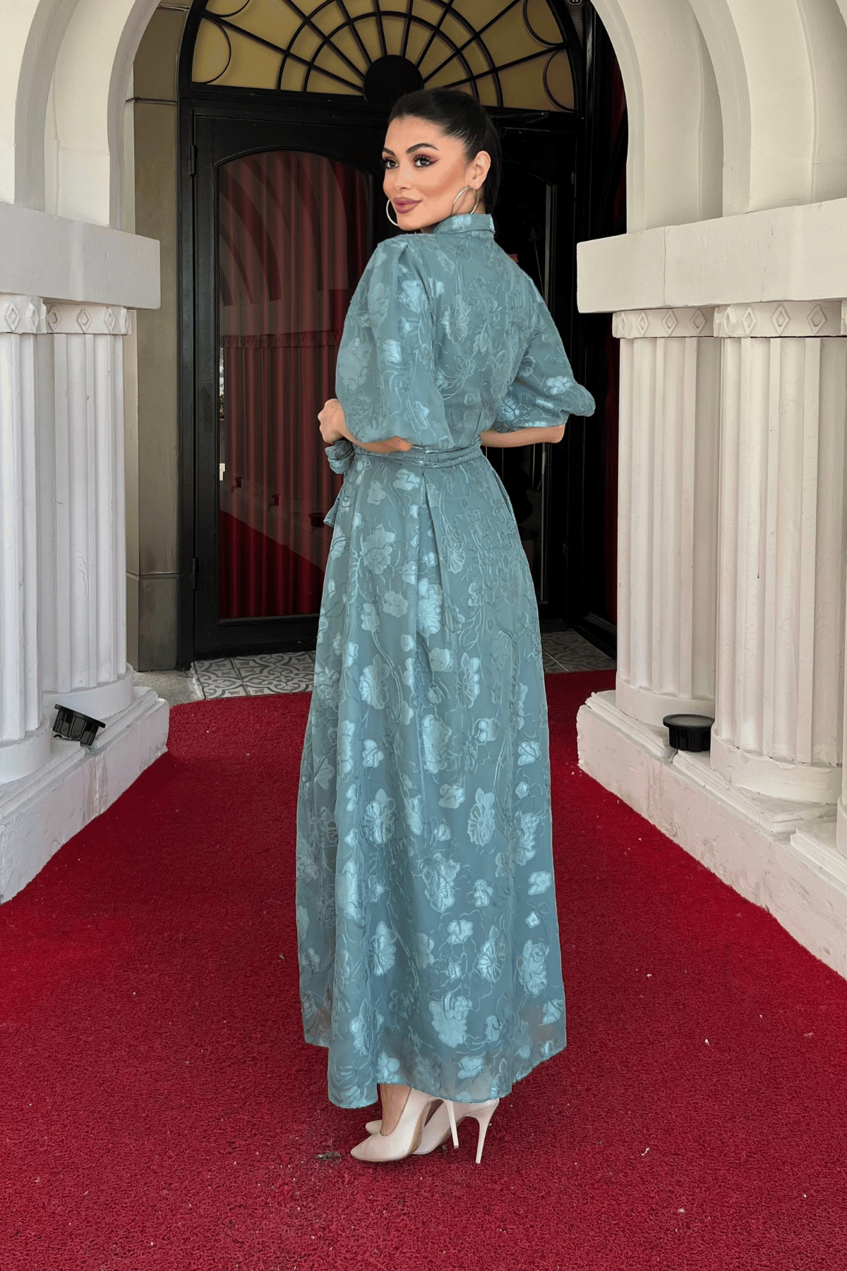 Tül Kumaş Üç Boyut Dikişli Midi Elbise - MİNT YEŞİLİ