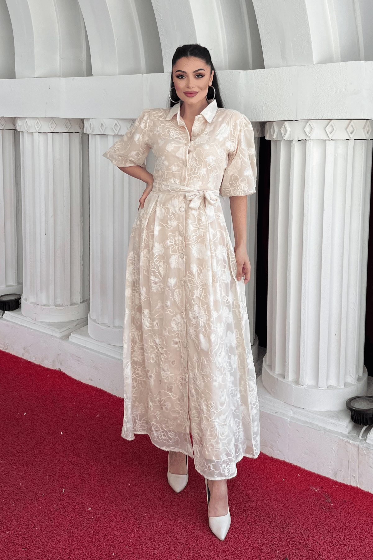 Tül Kumaş Üç Boyut Dikişli Midi Elbise - KREM