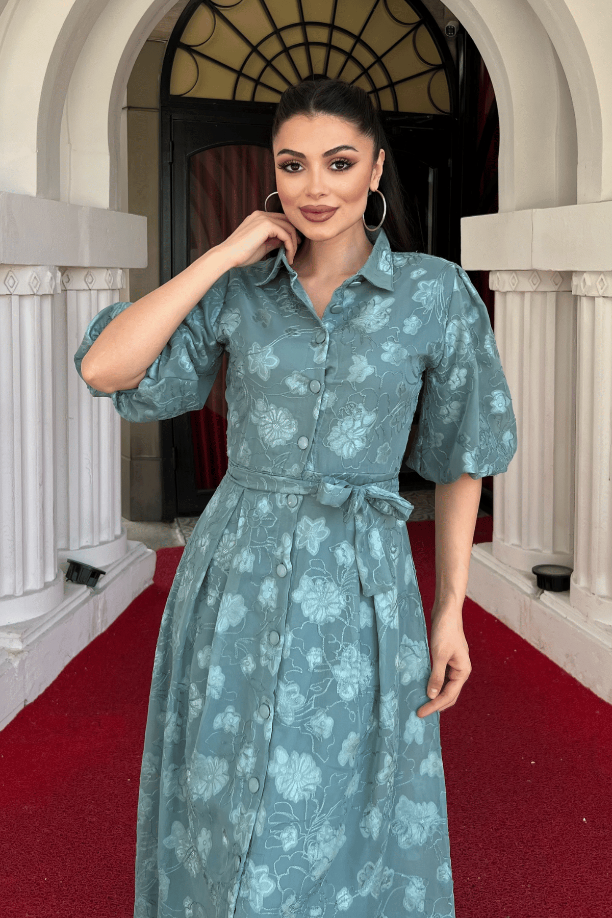 Tül Kumaş Üç Boyut Dikişli Midi Elbise - MİNT YEŞİLİ