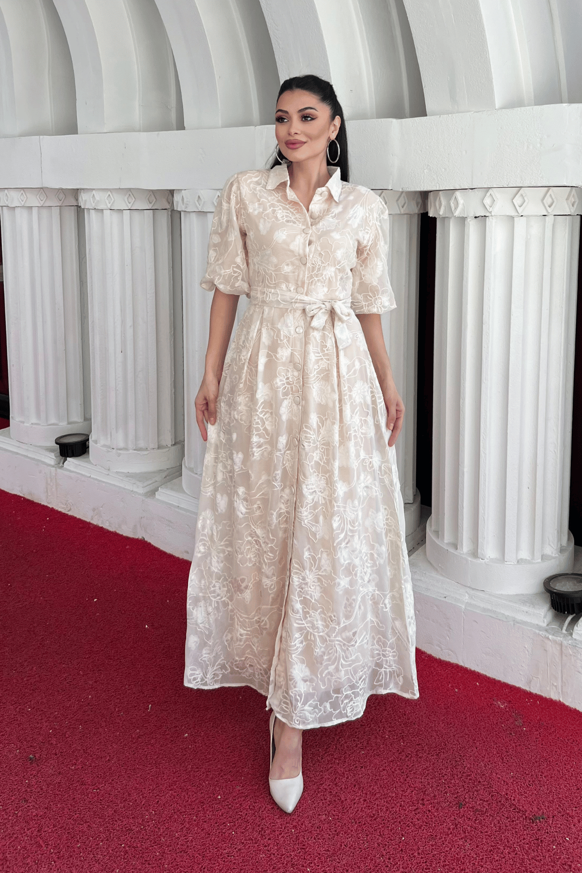 Tül Kumaş Üç Boyut Dikişli Midi Elbise - KREM