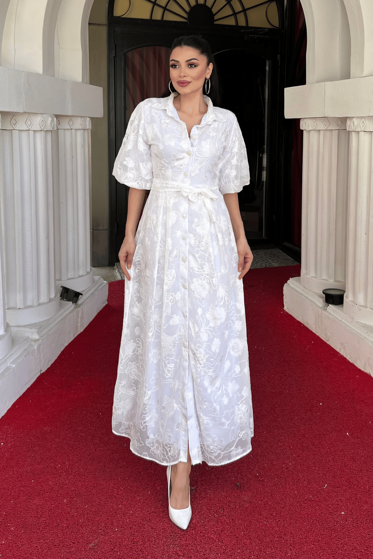 Tül Kumaş Üç Boyut Dikişli Midi Elbise - BEYAZ