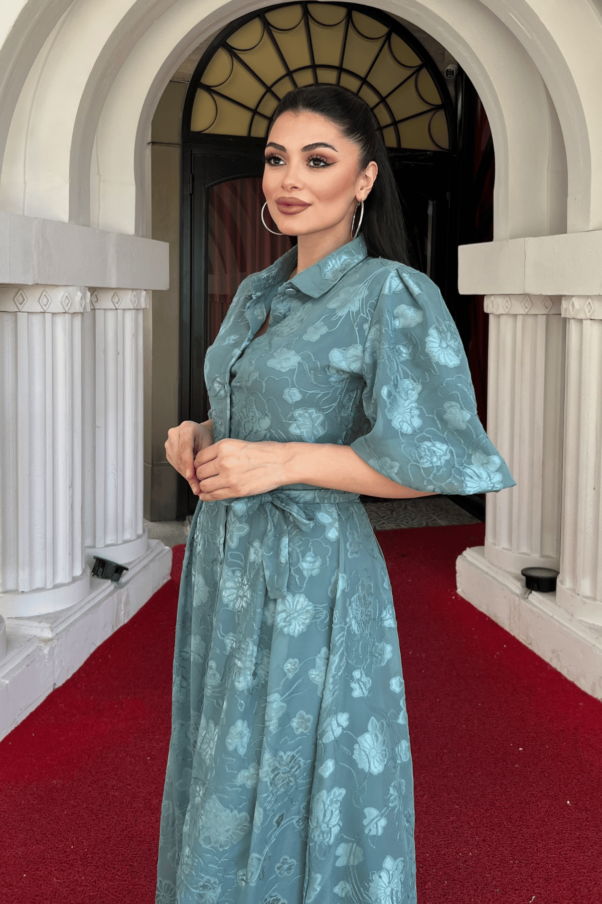 Tül Kumaş Üç Boyut Dikişli Midi Elbise - MİNT YEŞİLİ