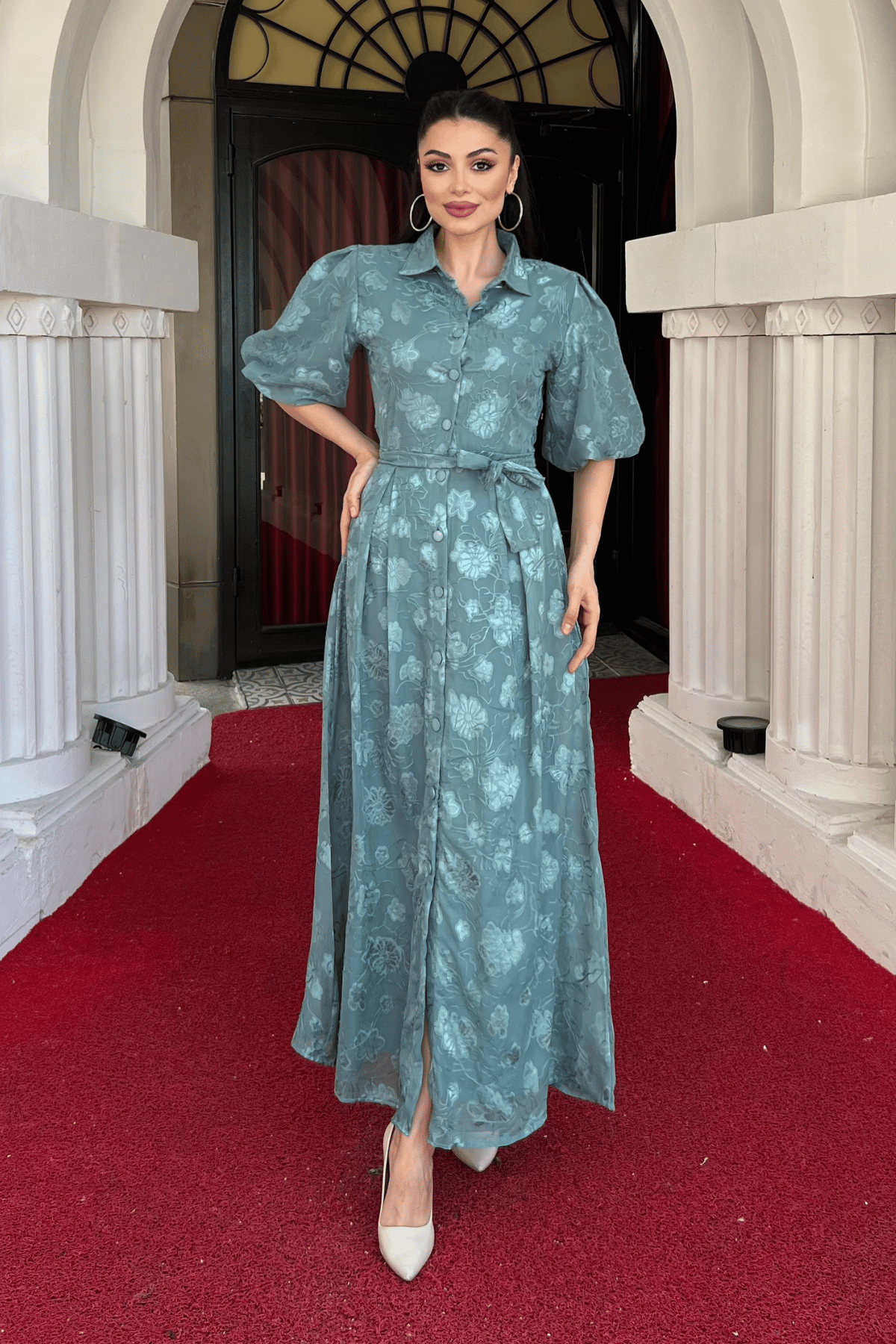 Tül Kumaş Üç Boyut Dikişli Midi Elbise - MİNT YEŞİLİ