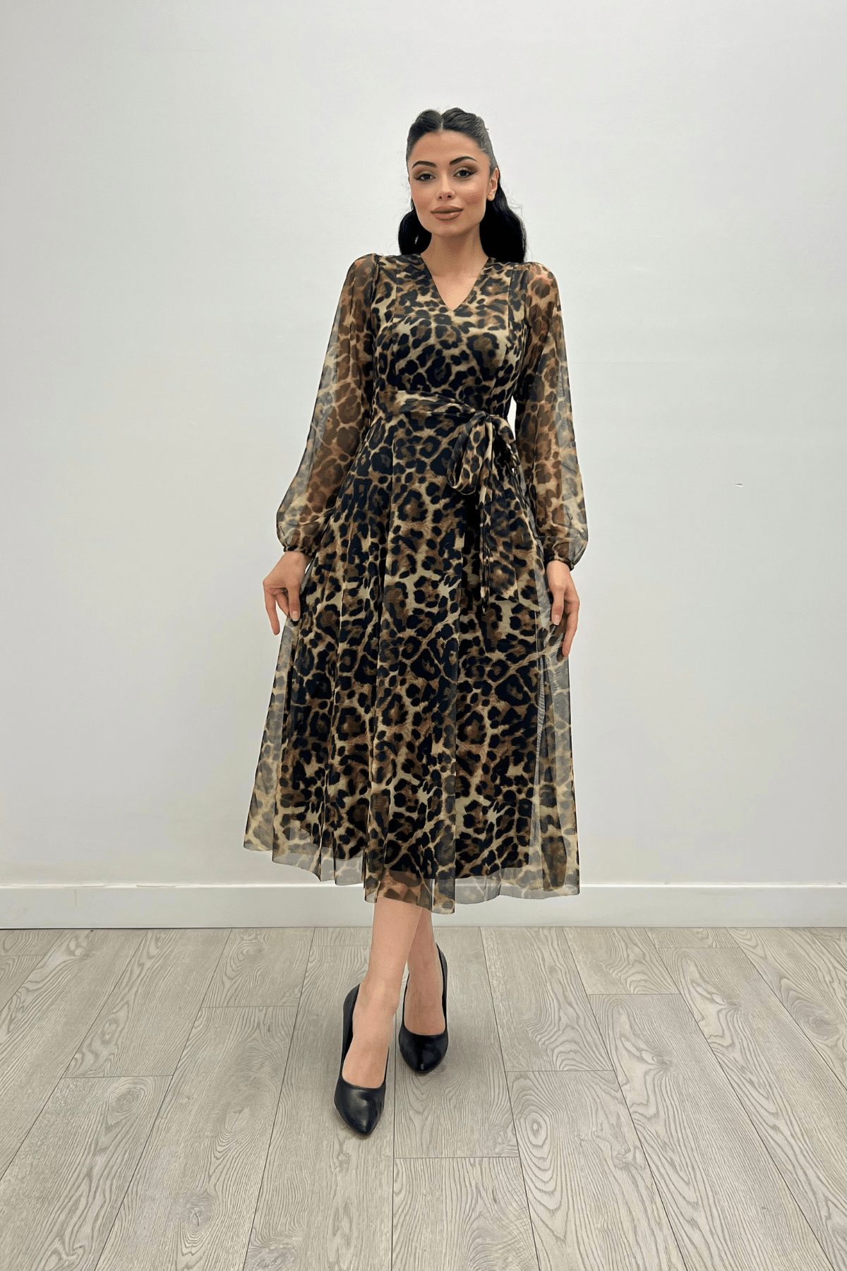 Tül Kumaş V Yaka Midi Elbise - LEOPAR