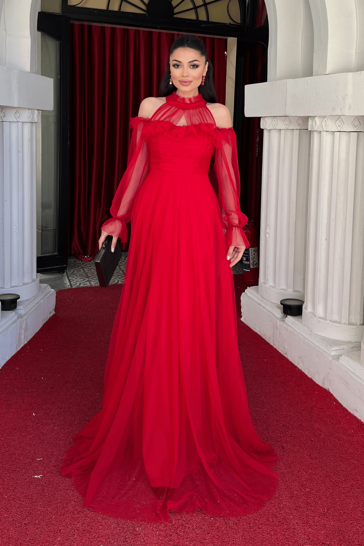 Tül Kumaş Volan Detaylı Tasarım Elbise - KIRMIZI