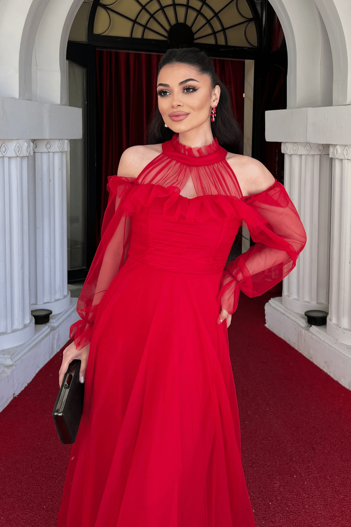 Tül Kumaş Volan Detaylı Tasarım Elbise - KIRMIZI