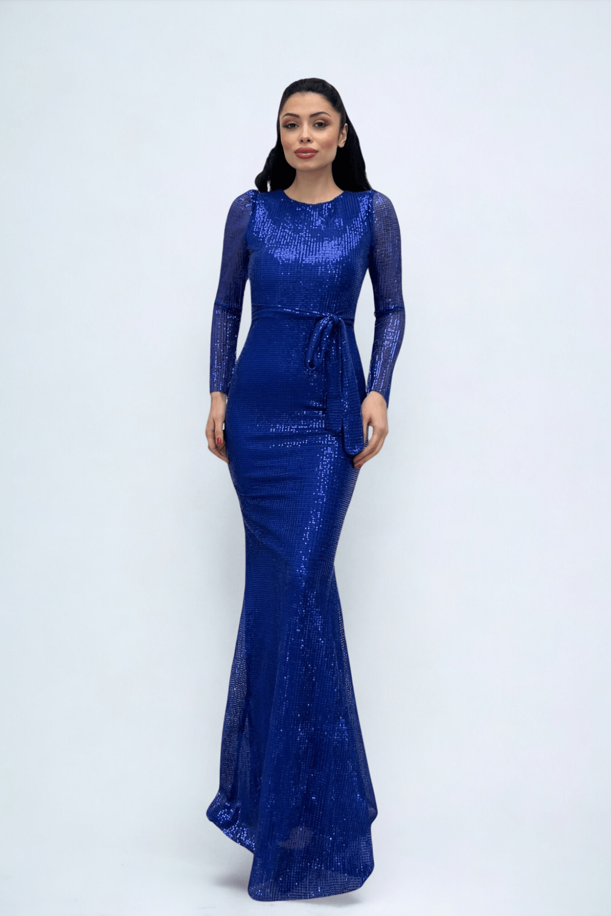 Tül Payet Kumaş Balık Abiye Elbise - SAKS MAVİ