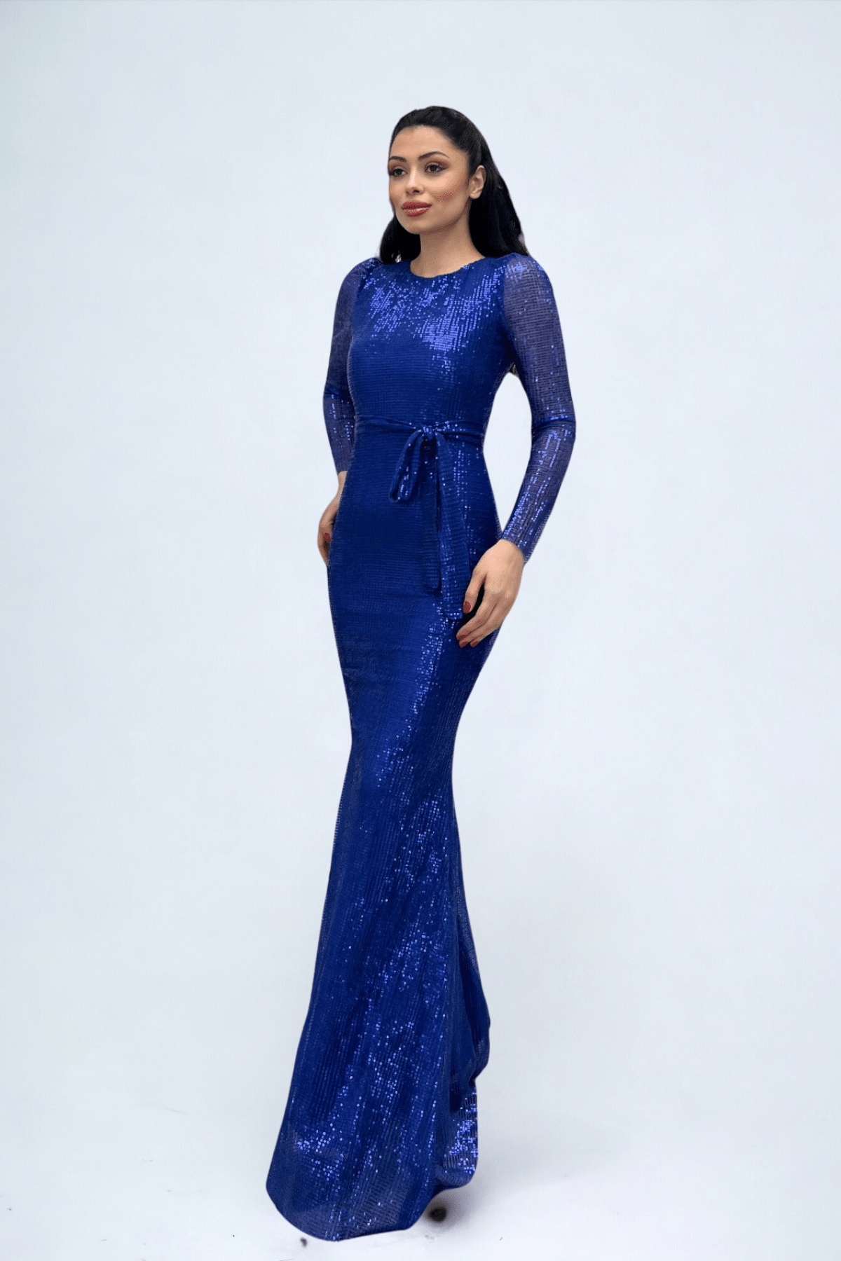 Tül Payet Kumaş Balık Abiye Elbise - SAKS MAVİ