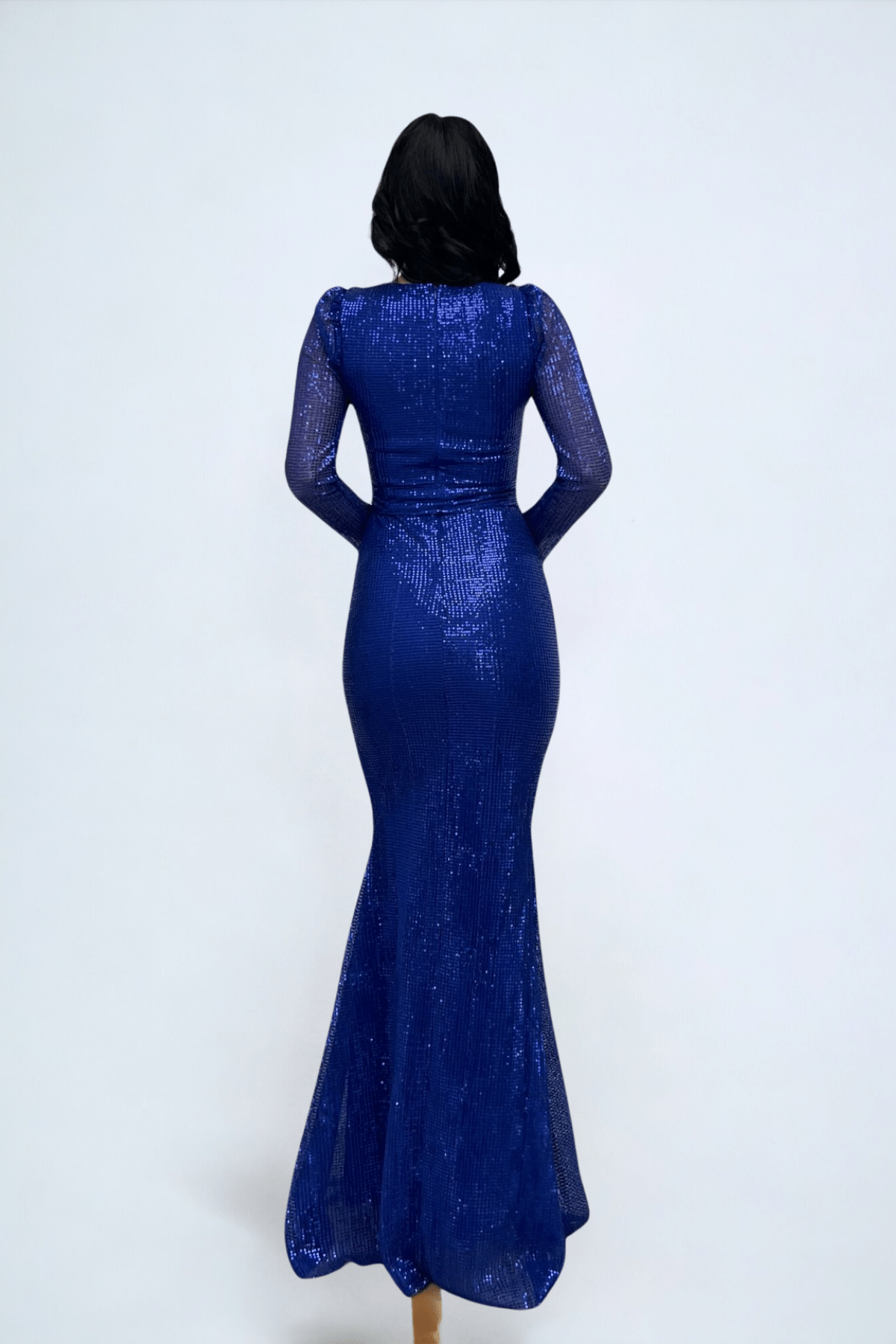 Tül Payet Kumaş Balık Abiye Elbise - SAKS MAVİ