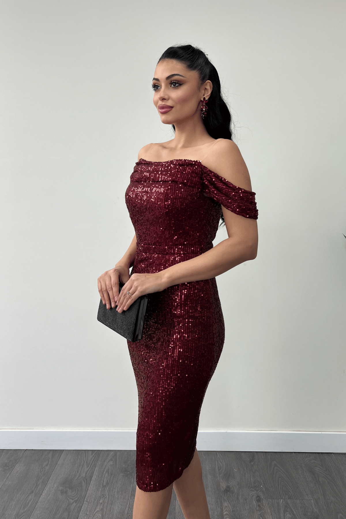 Tül Payet Kumaş Degaje Yaka Kalem Elbise - BORDO