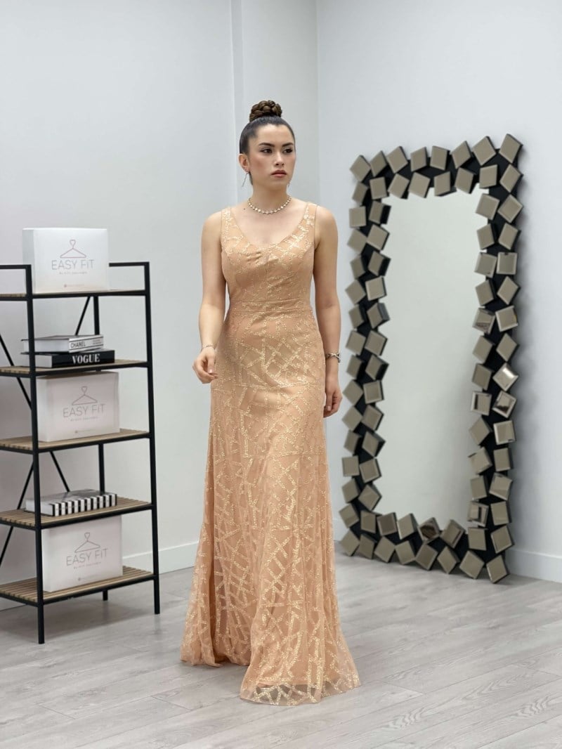 Tül Payet Tasarım Balık Elbise - GOLD