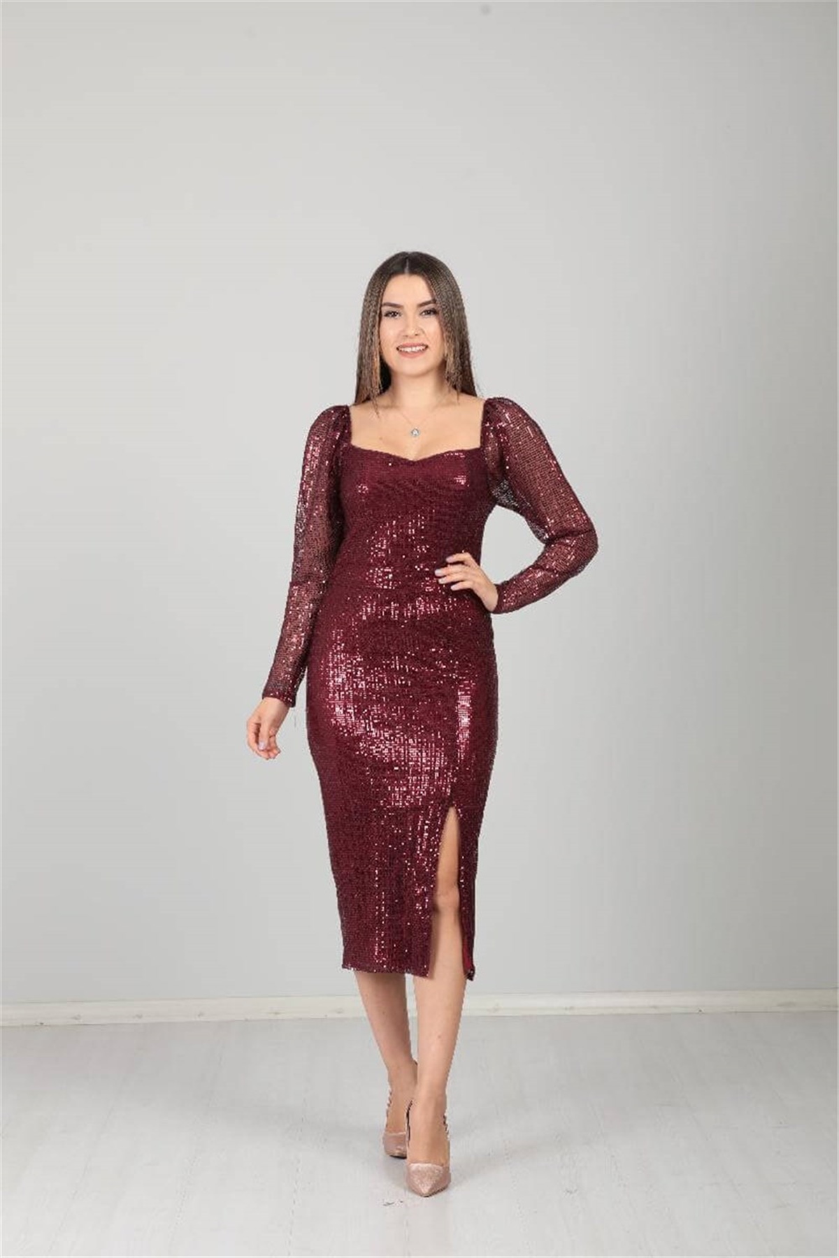 Tül Payet Tasarım Elbise - Bordo