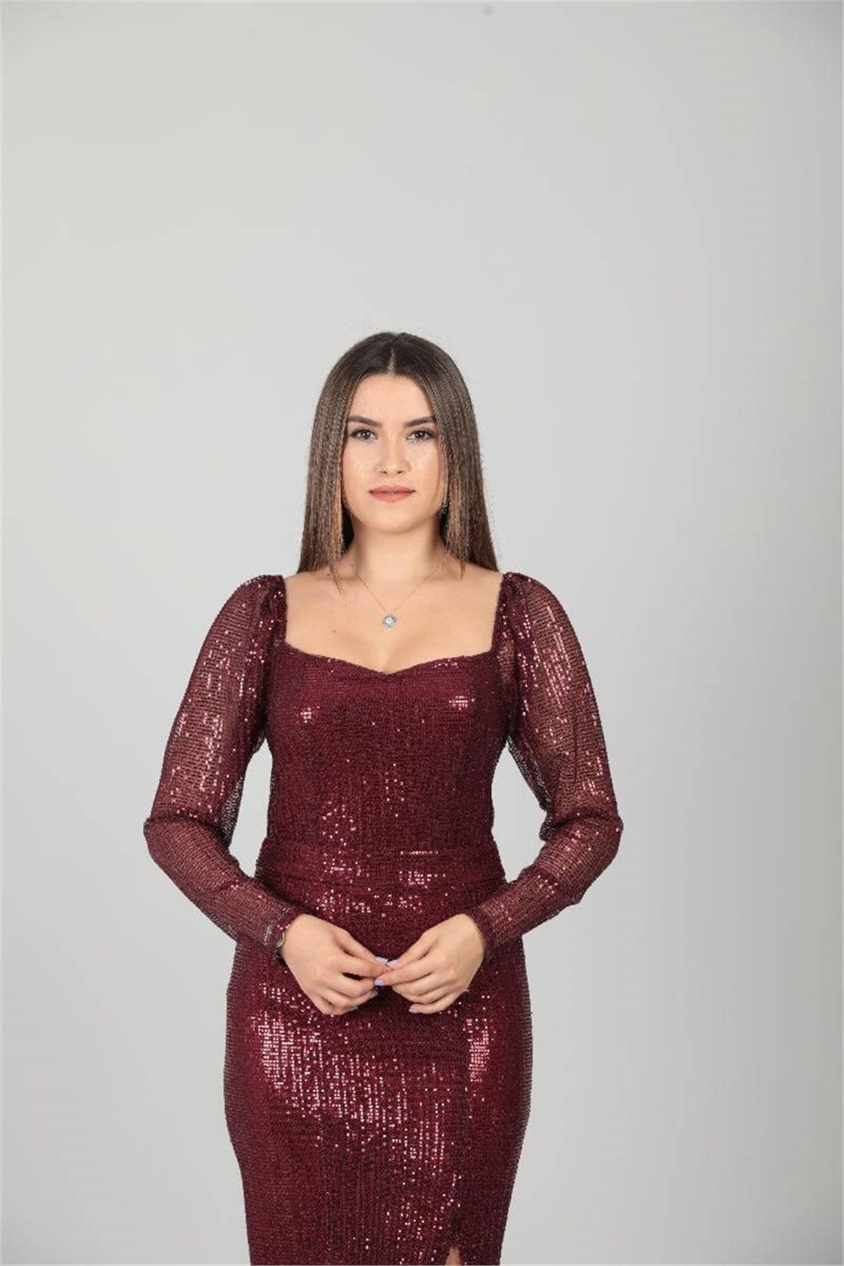 Tül Payet Tasarım Elbise - Bordo