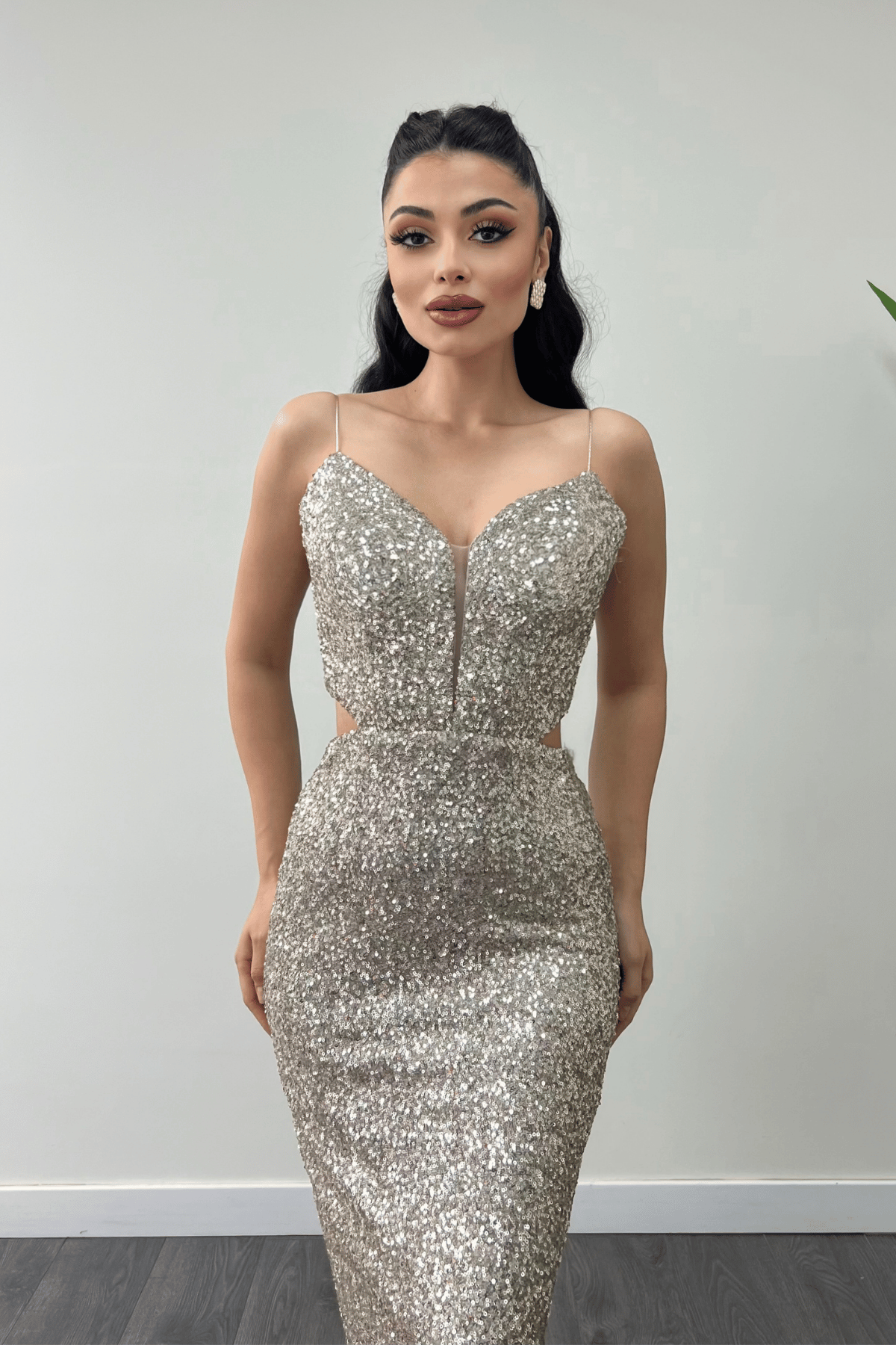 Tül Pul Payet Kumaş Sırt Detaylı Kalem Elbise - GOLD