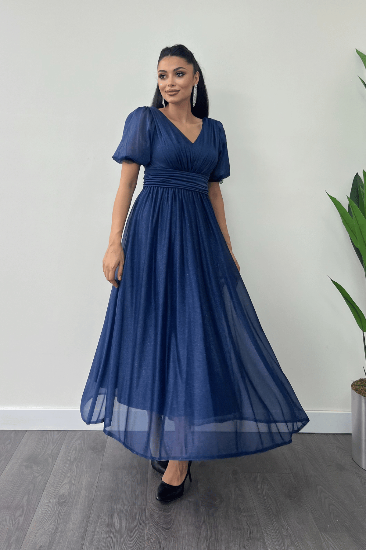 Tül Simli Kumaş Büzgü Detaylı Midi Elbise - LACİVERT