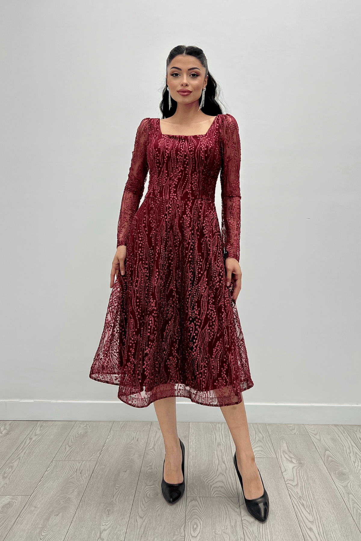 Square Neck Midi Evening Dress - BURGUNDY