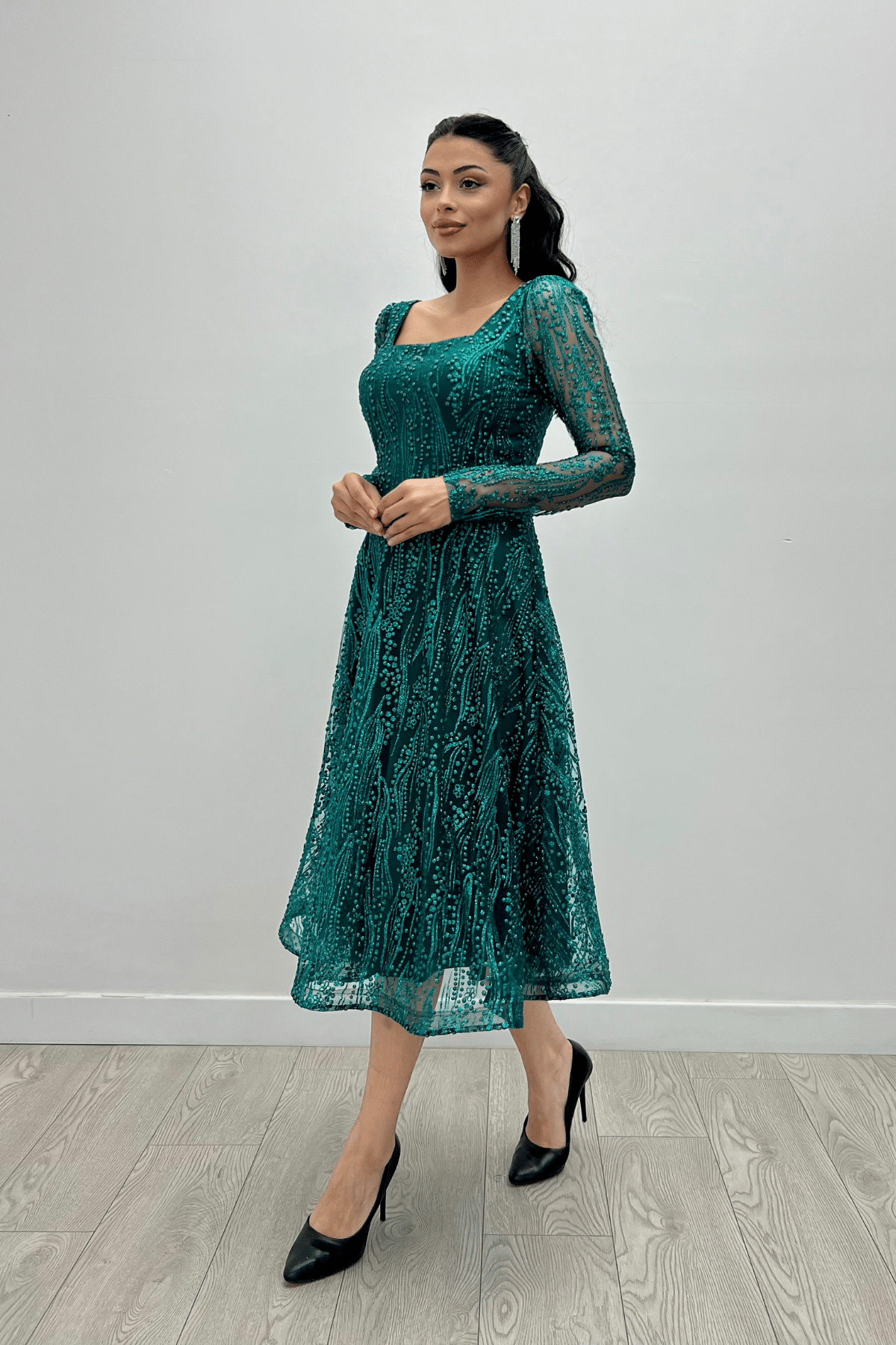 Square Neck Midi Evening Dress - EMERALD GREEN