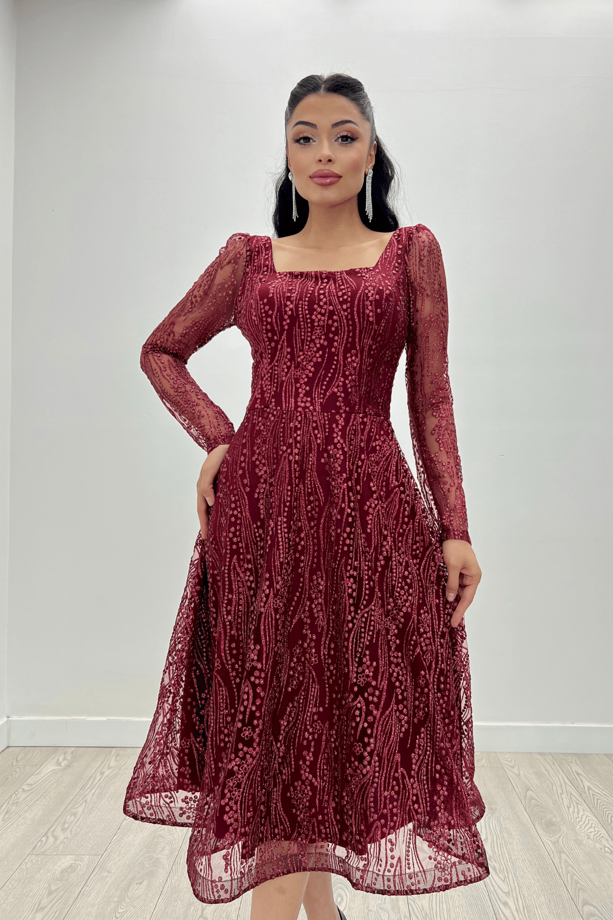 Square Neck Midi Evening Dress - BURGUNDY
