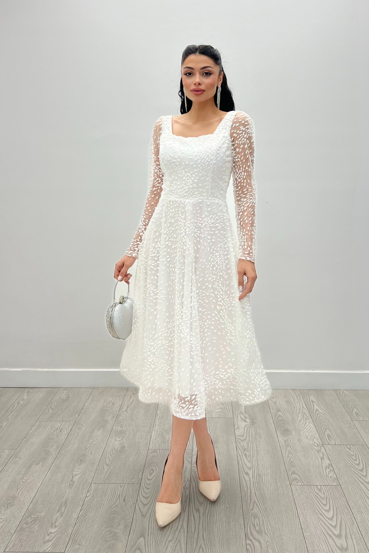 Tül Simli Kumaş Kare Yaka Midi Abiye Elbise - BEYAZ