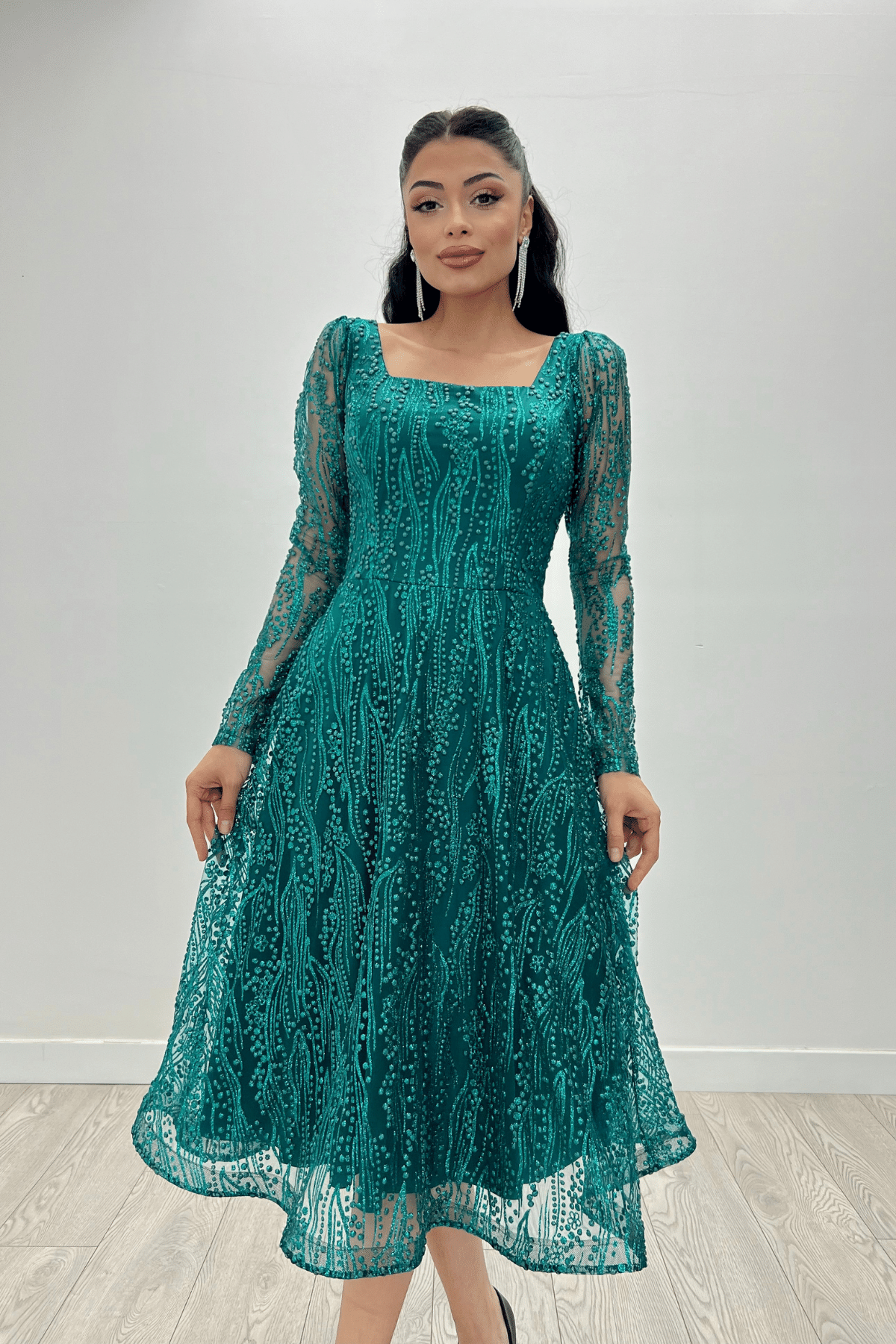 Square Neck Midi Evening Dress - EMERALD GREEN